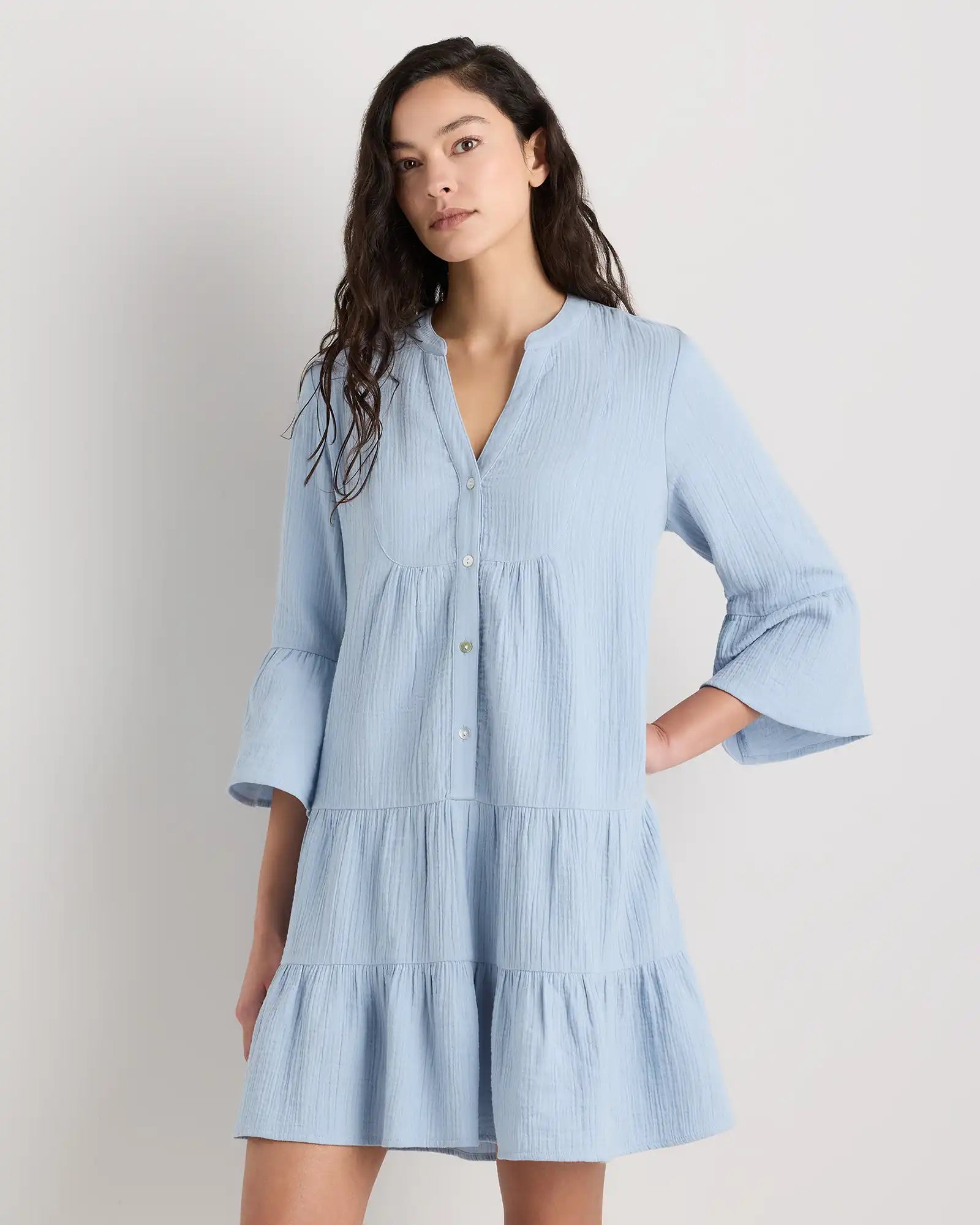 100% Organic Cotton Gauze Long Sleeve Tiered Mini Dress