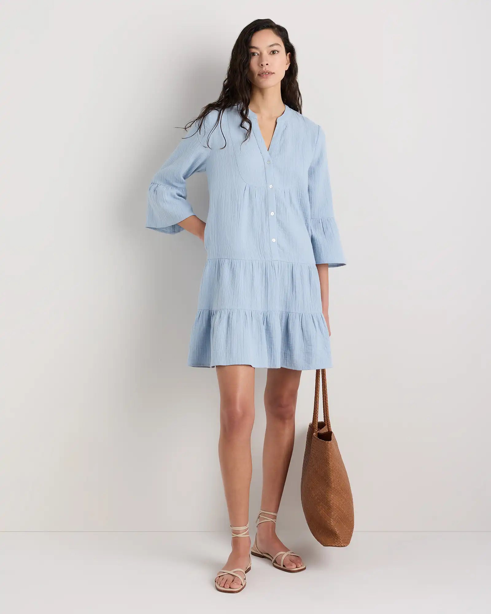 100% Organic Cotton Gauze Long Sleeve Tiered Mini Dress