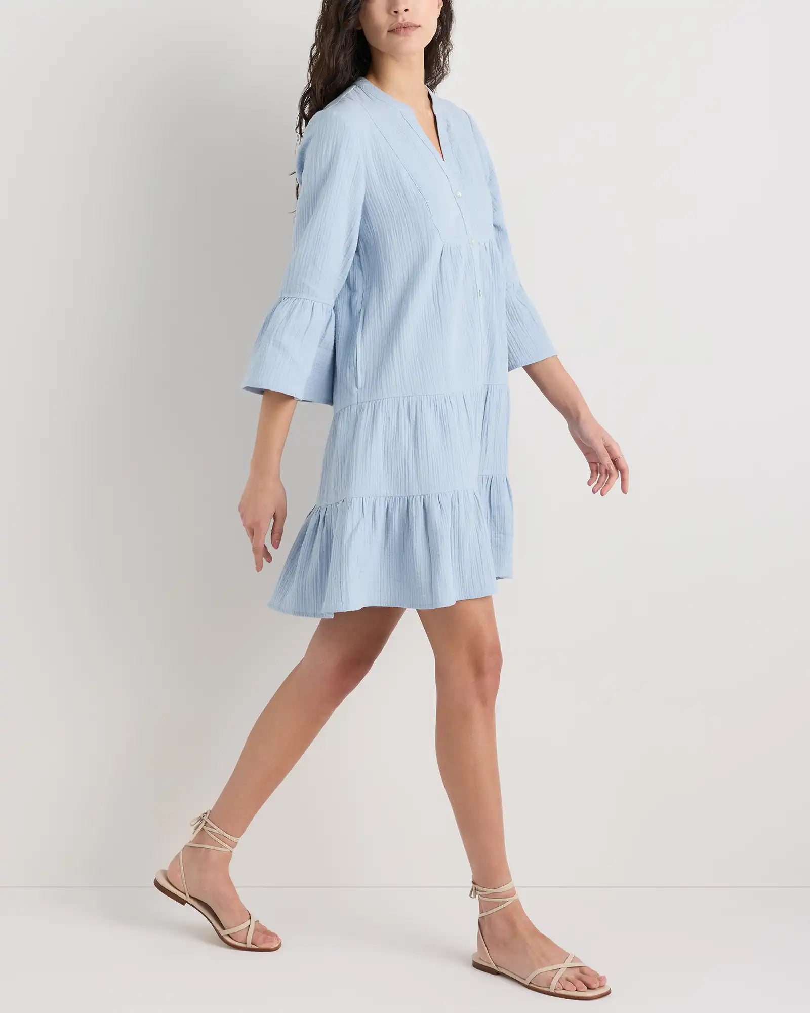 100% Organic Cotton Gauze Long Sleeve Tiered Mini Dress