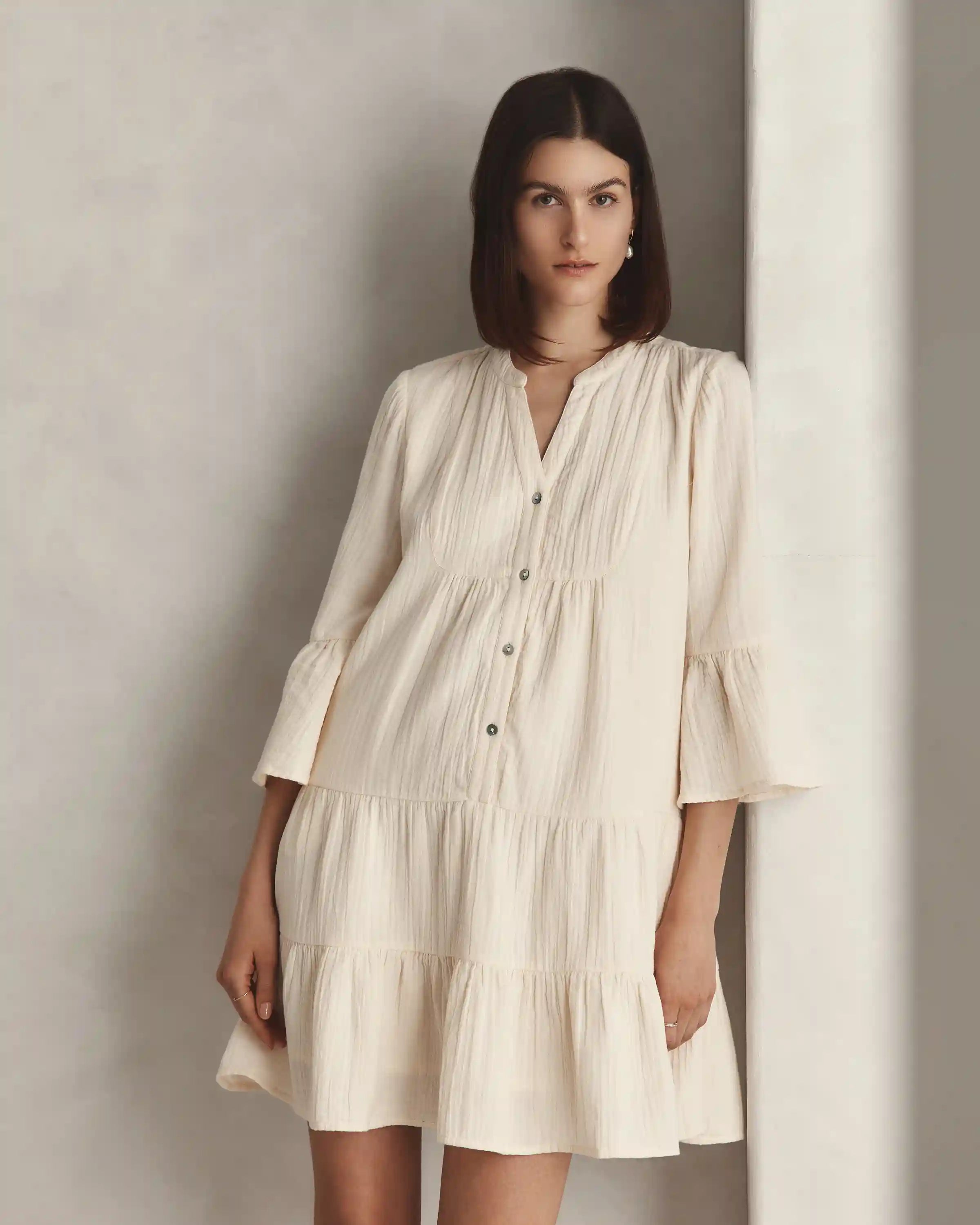 100% Organic Cotton Gauze Long Sleeve Tiered Mini Dress