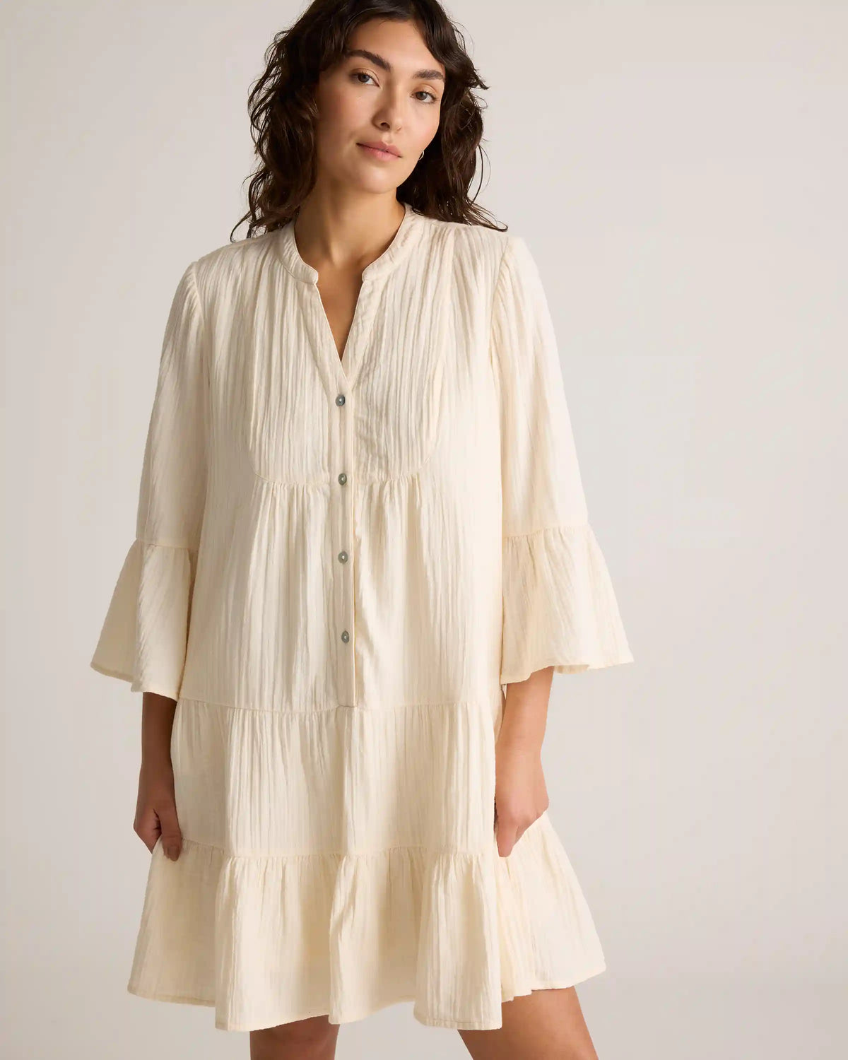 100% Organic Cotton Gauze Long Sleeve Tiered Mini Dress