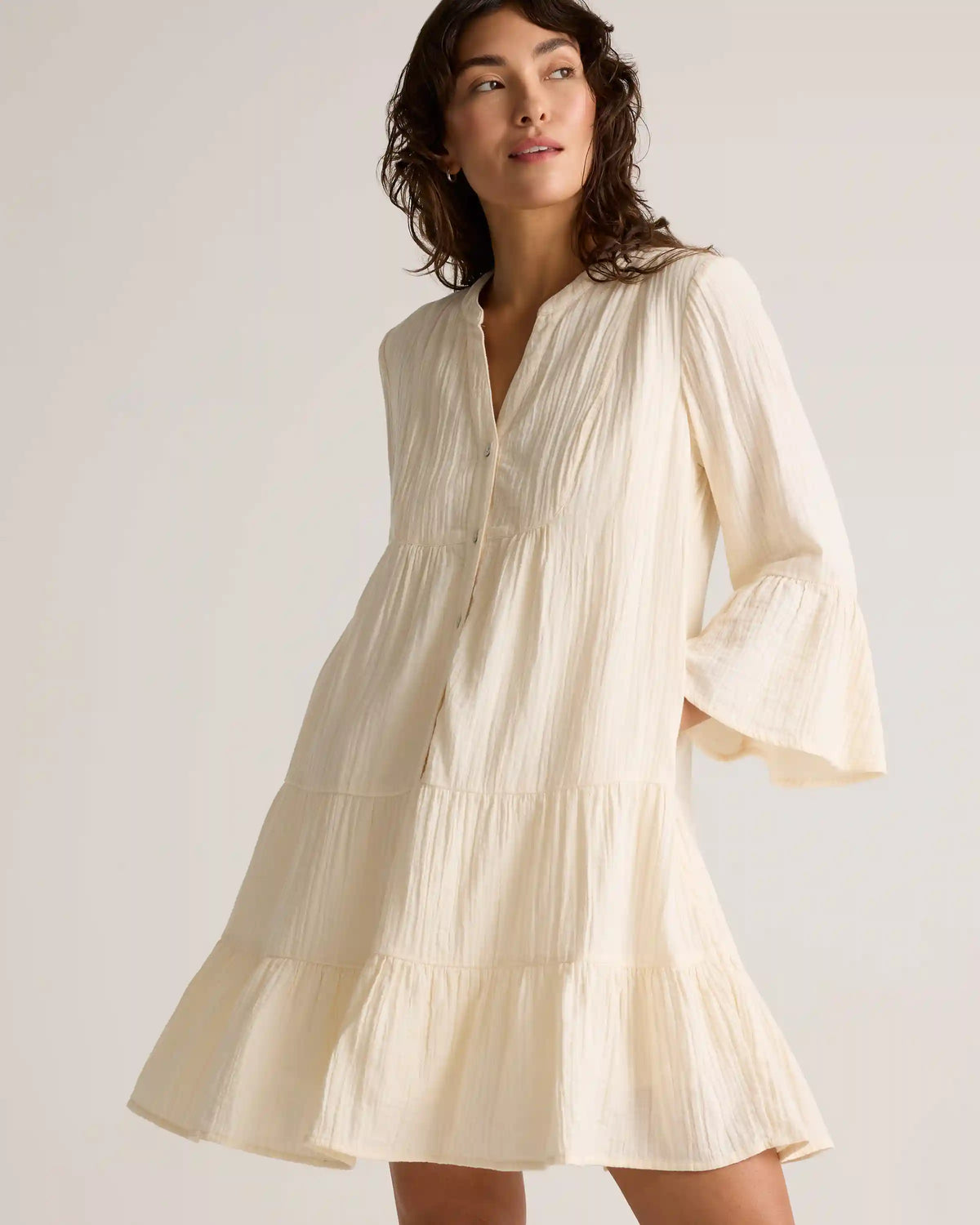 100% Organic Cotton Gauze Long Sleeve Tiered Mini Dress