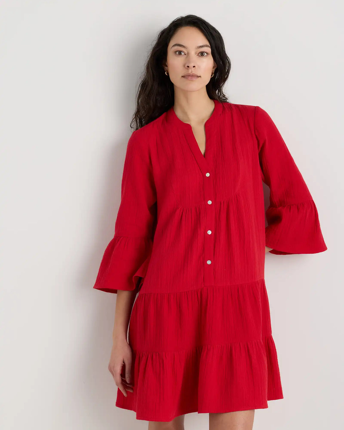 100% Organic Cotton Gauze Long Sleeve Tiered Mini Dress