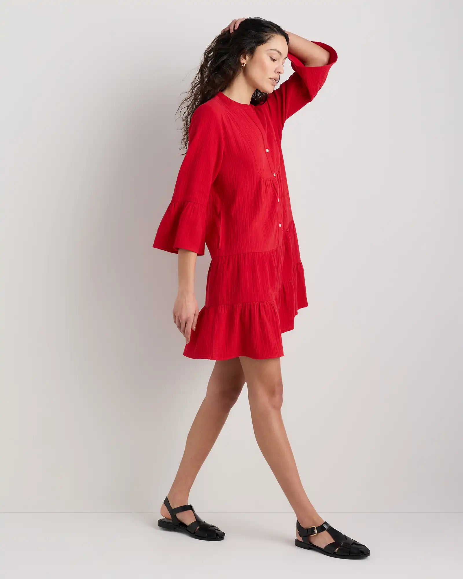 100% Organic Cotton Gauze Long Sleeve Tiered Mini Dress