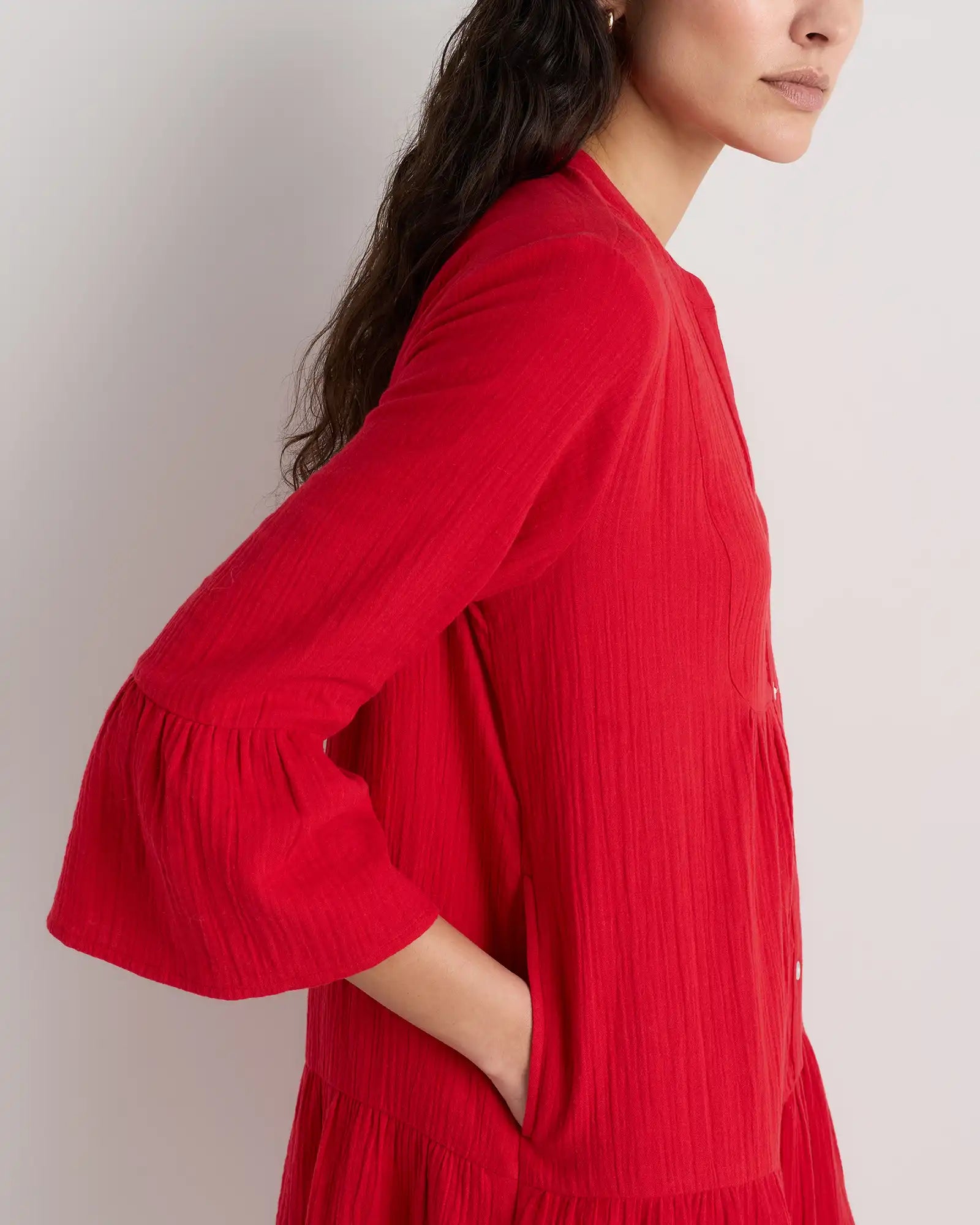 100% Organic Cotton Gauze Long Sleeve Tiered Mini Dress