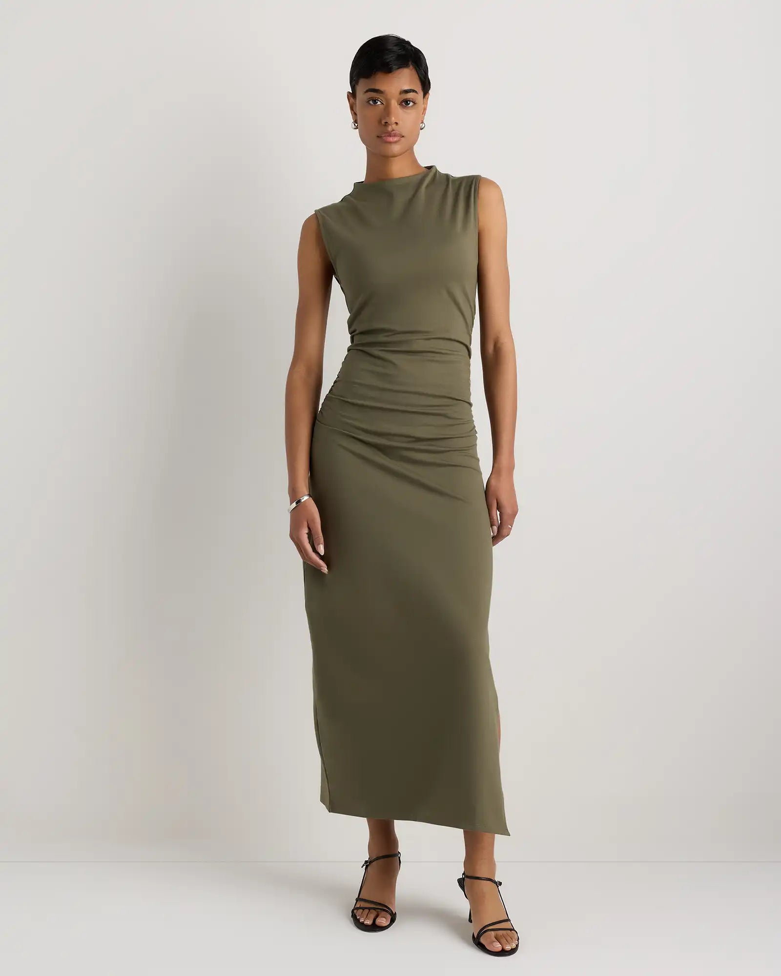 Stretch Cotton Jersey Mock Neck Midi Dress