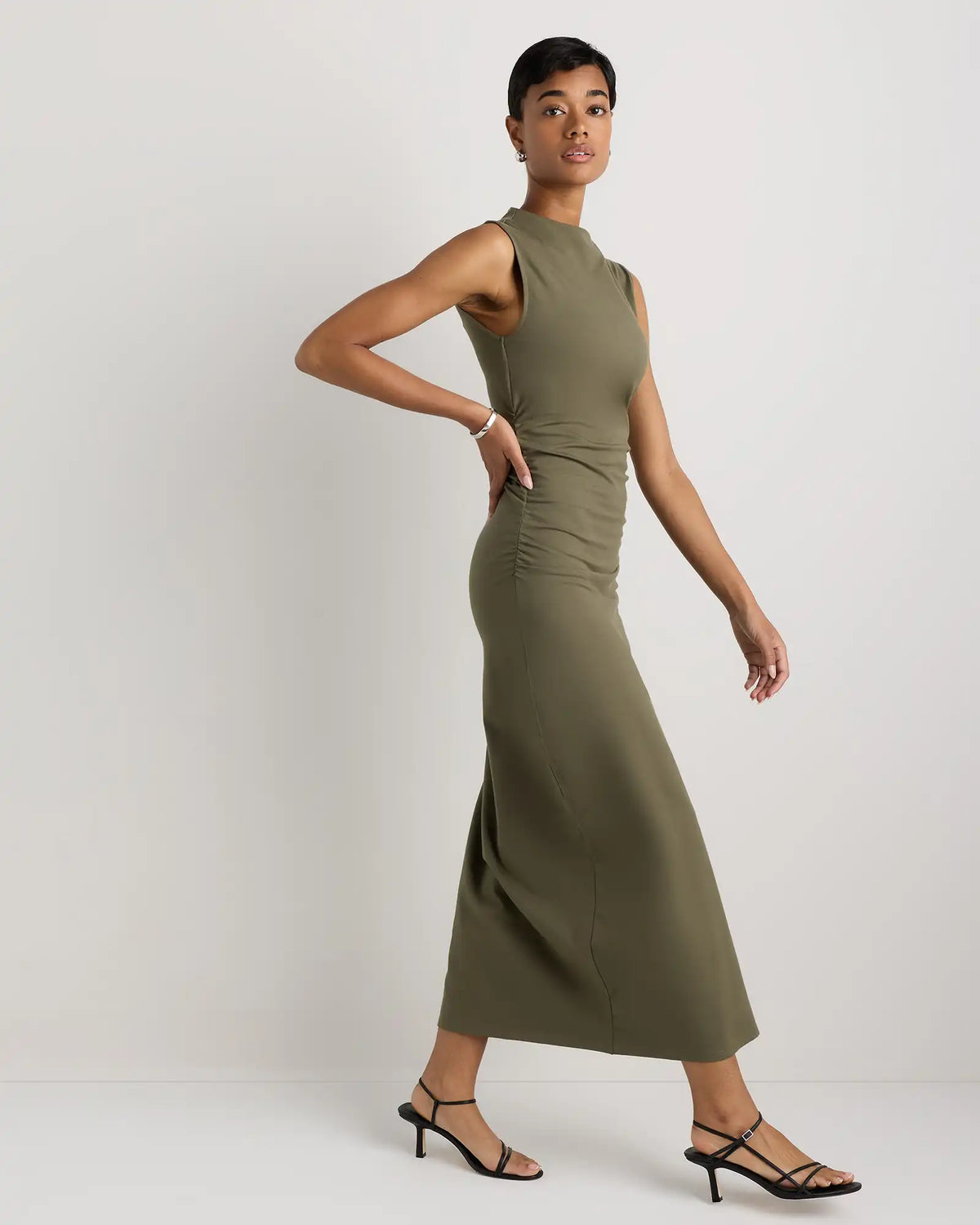 Stretch Cotton Jersey Mock Neck Midi Dress