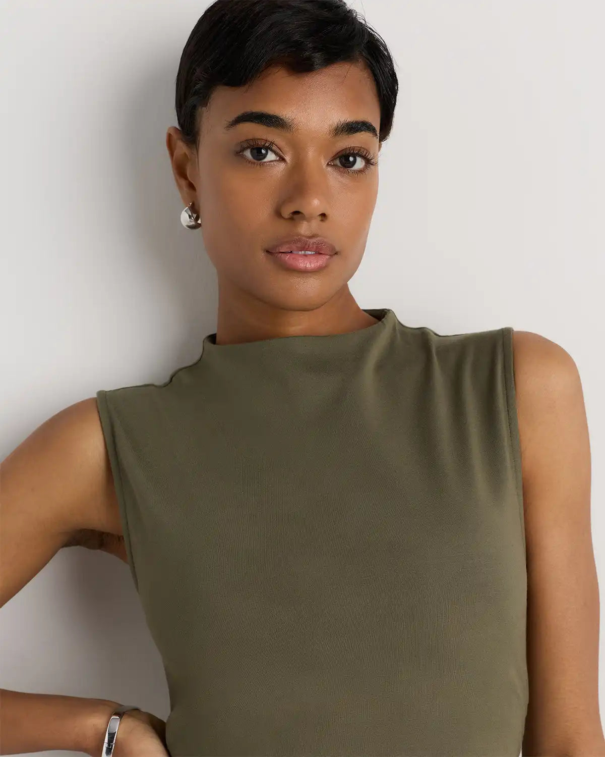 Stretch Cotton Jersey Mock Neck Midi Dress