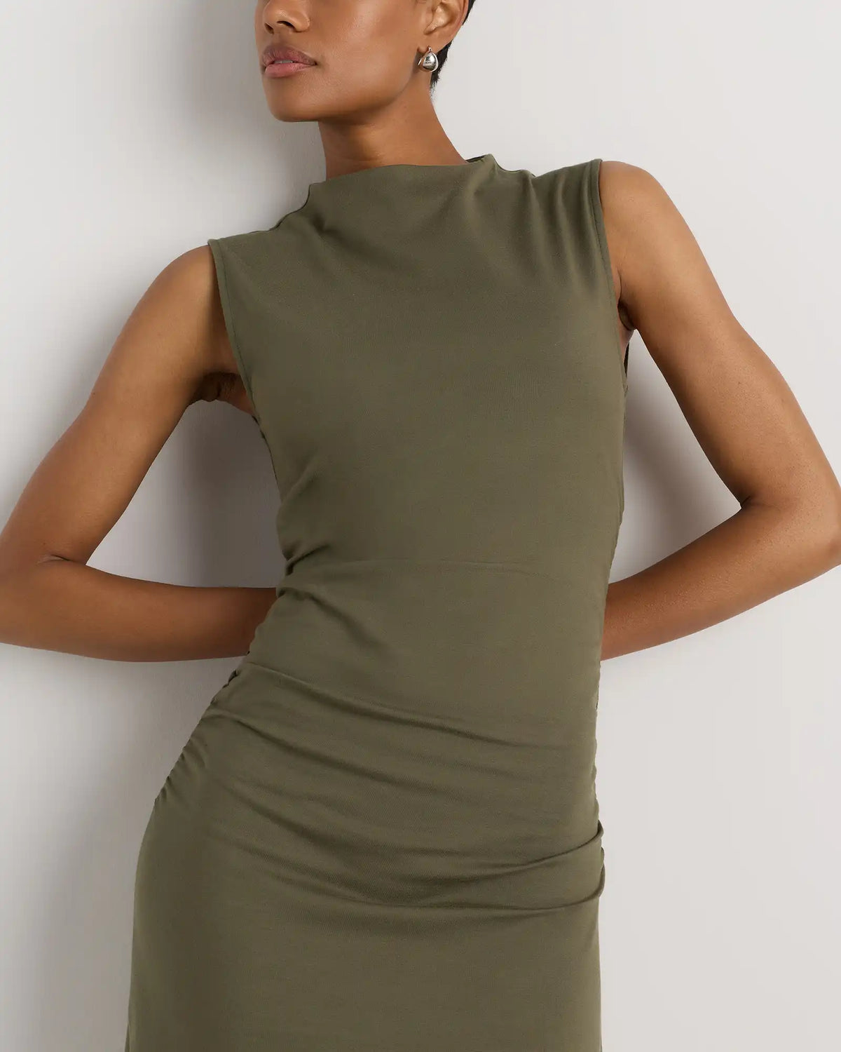 Stretch Cotton Jersey Mock Neck Midi Dress