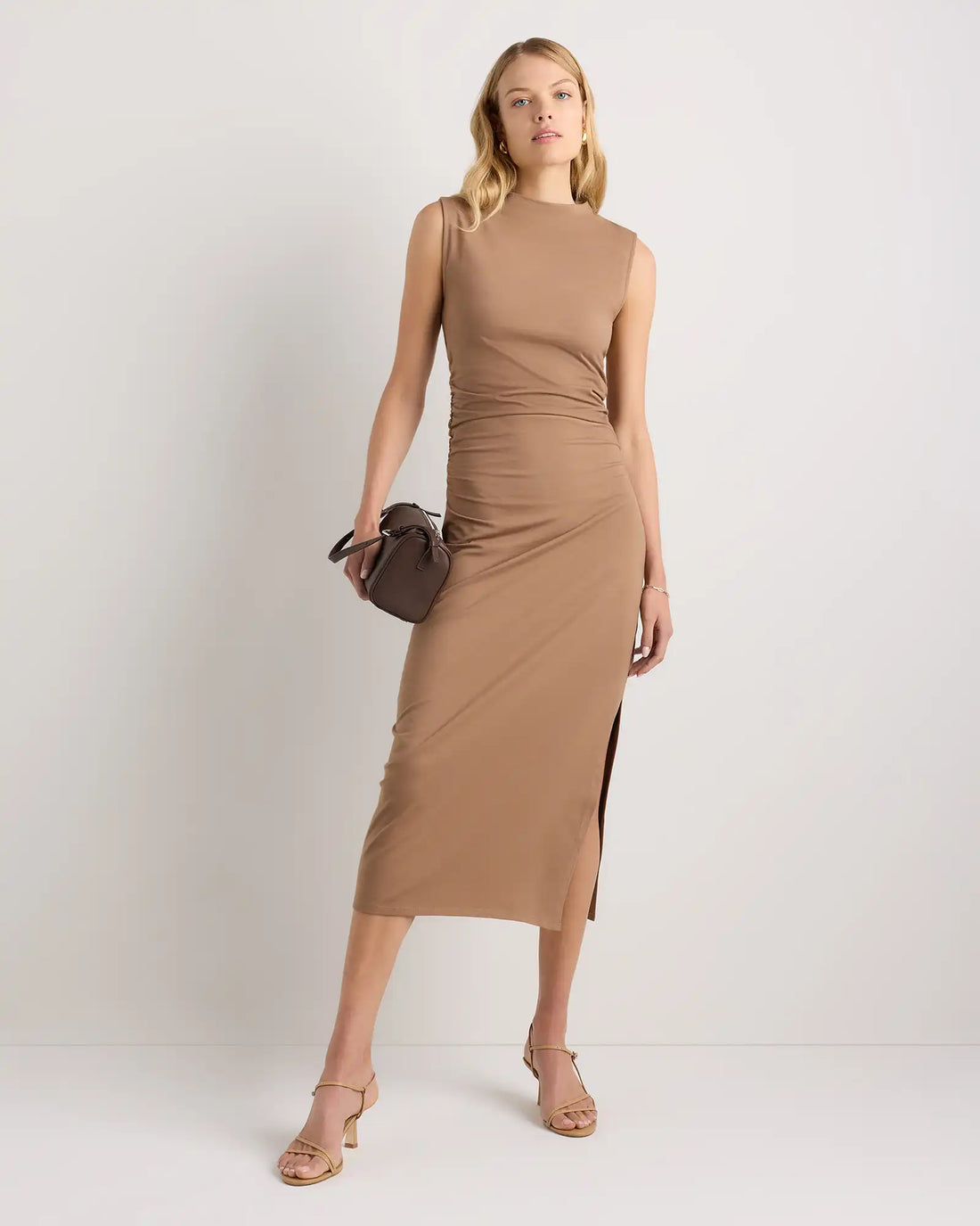 Stretch Cotton Jersey Mock Neck Midi Dress