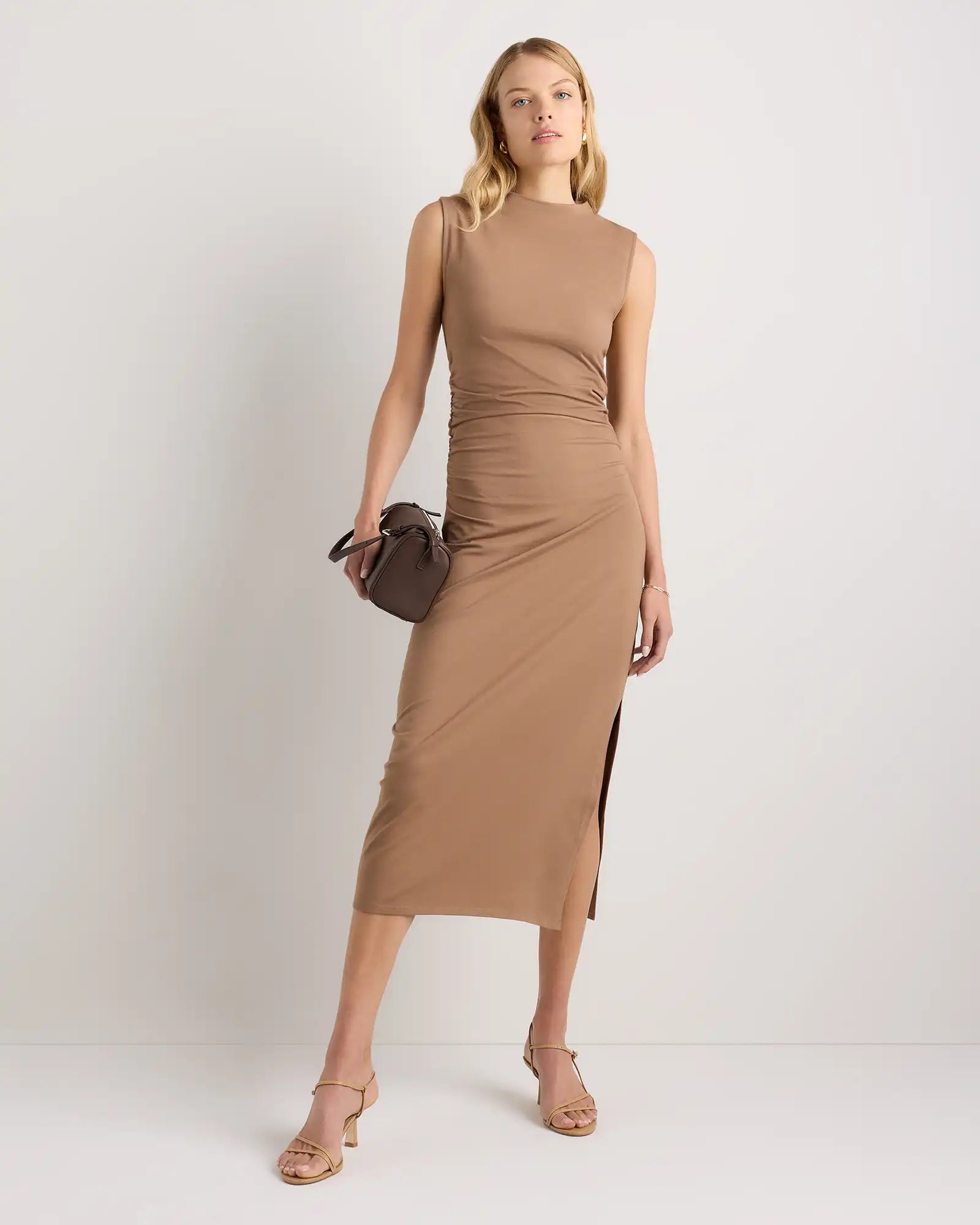 Stretch Cotton Jersey Mock Neck Midi Dress