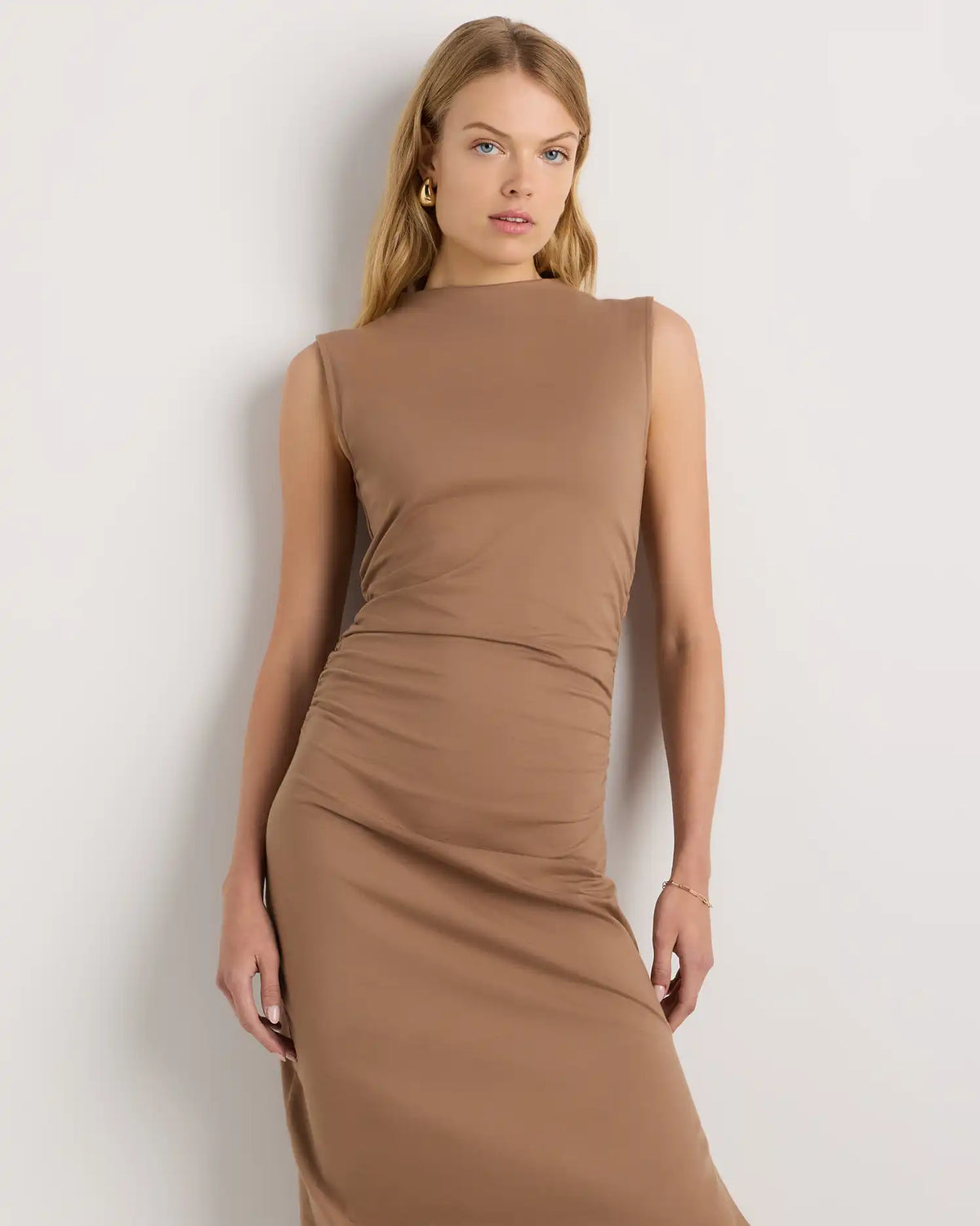 Stretch Cotton Jersey Mock Neck Midi Dress