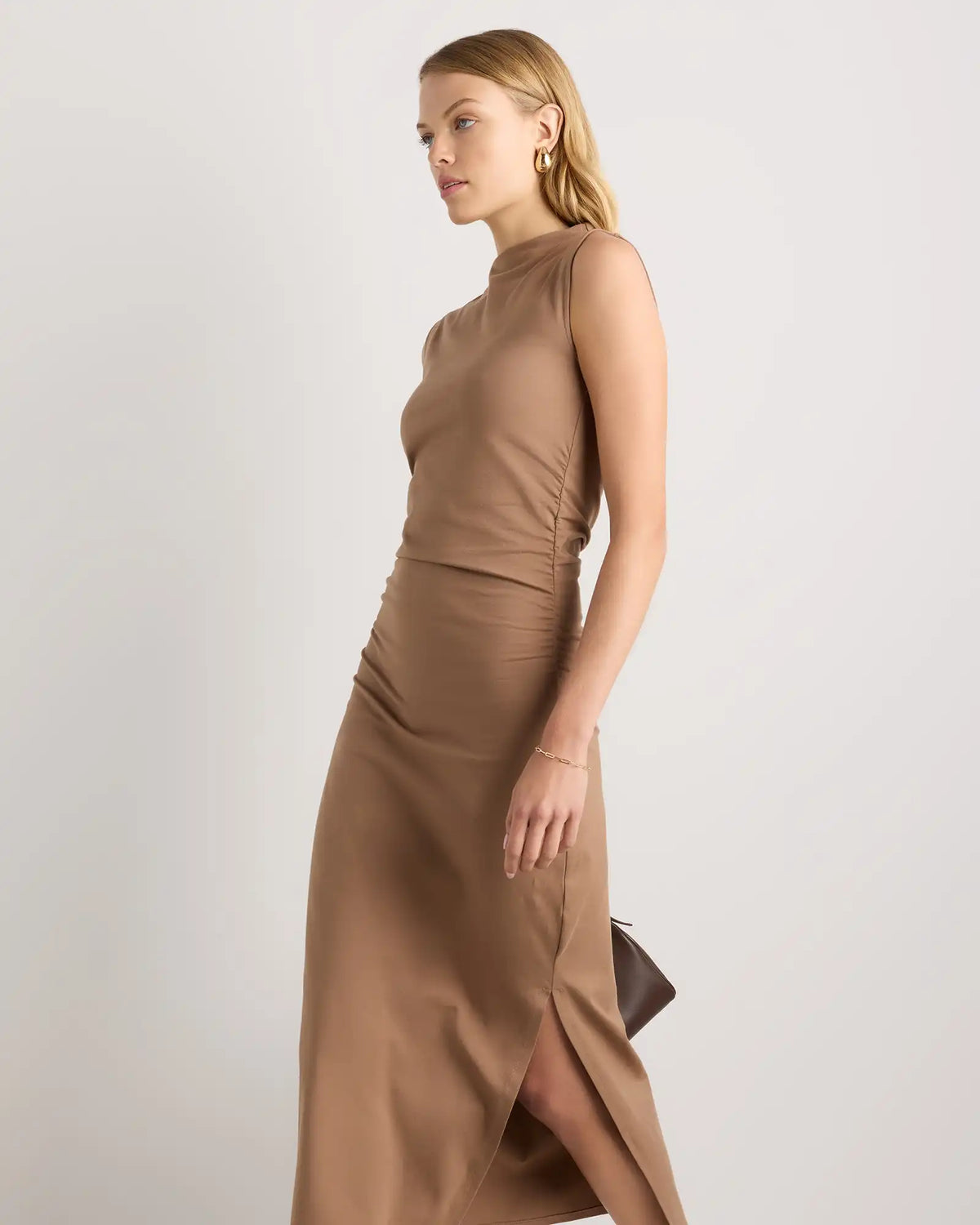 Stretch Cotton Jersey Mock Neck Midi Dress
