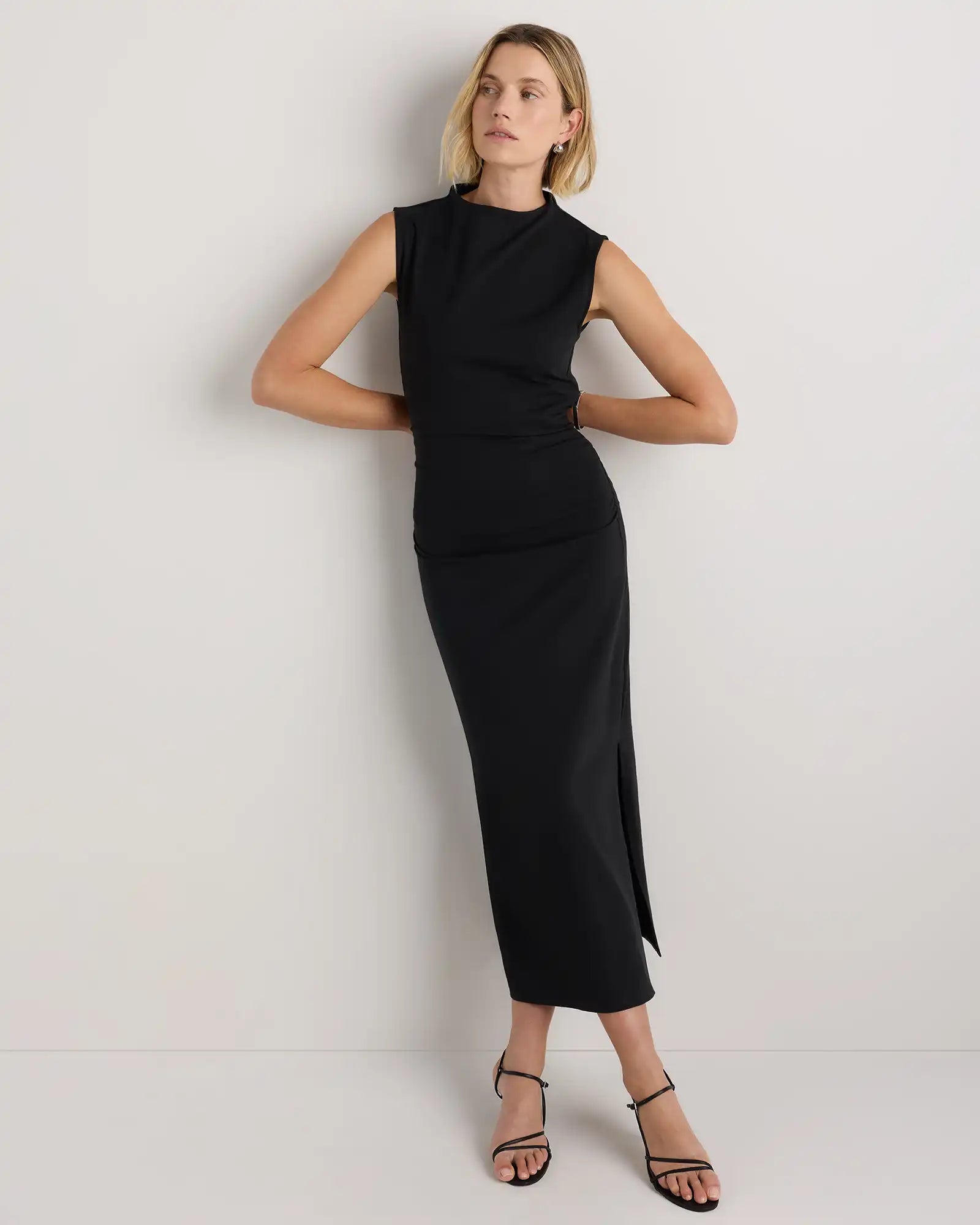 Stretch Cotton Jersey Mock Neck Midi Dress