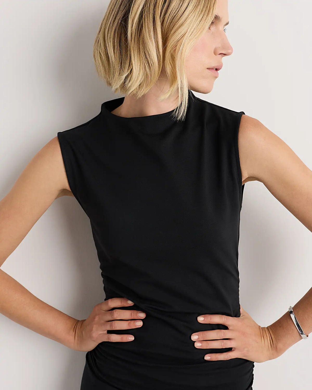 Stretch Cotton Jersey Mock Neck Midi Dress