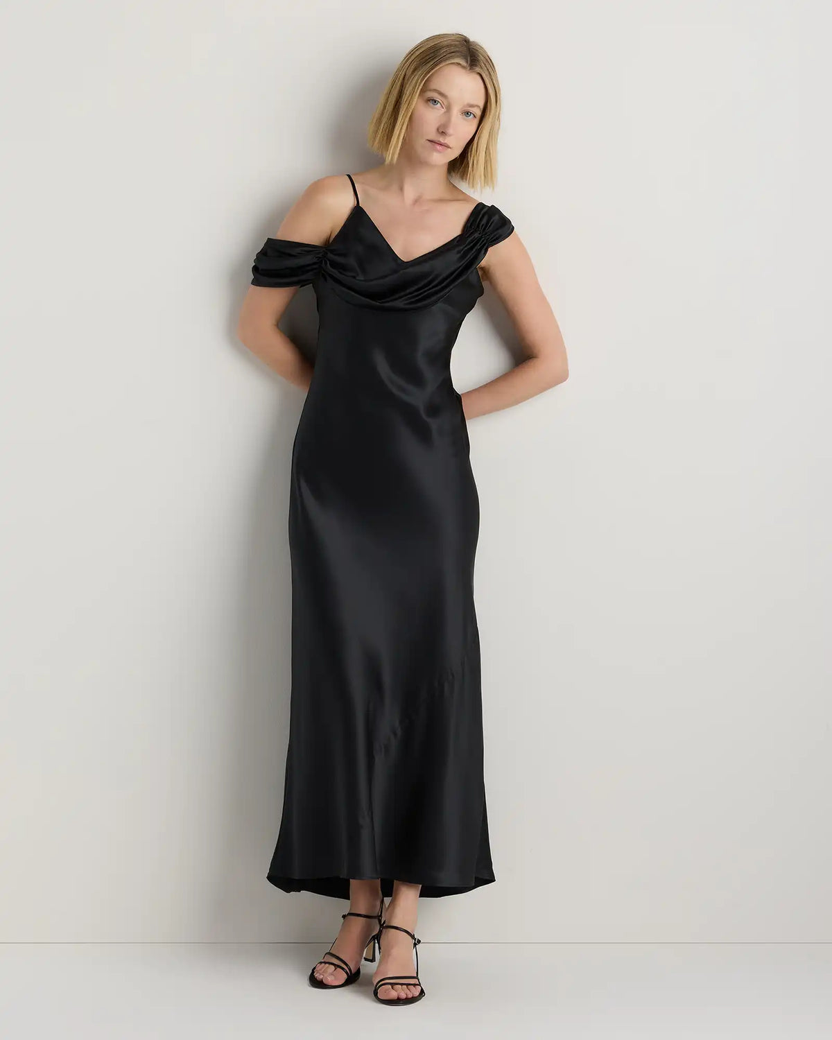 100% Washable Silk Draped Shoulder Maxi Dress