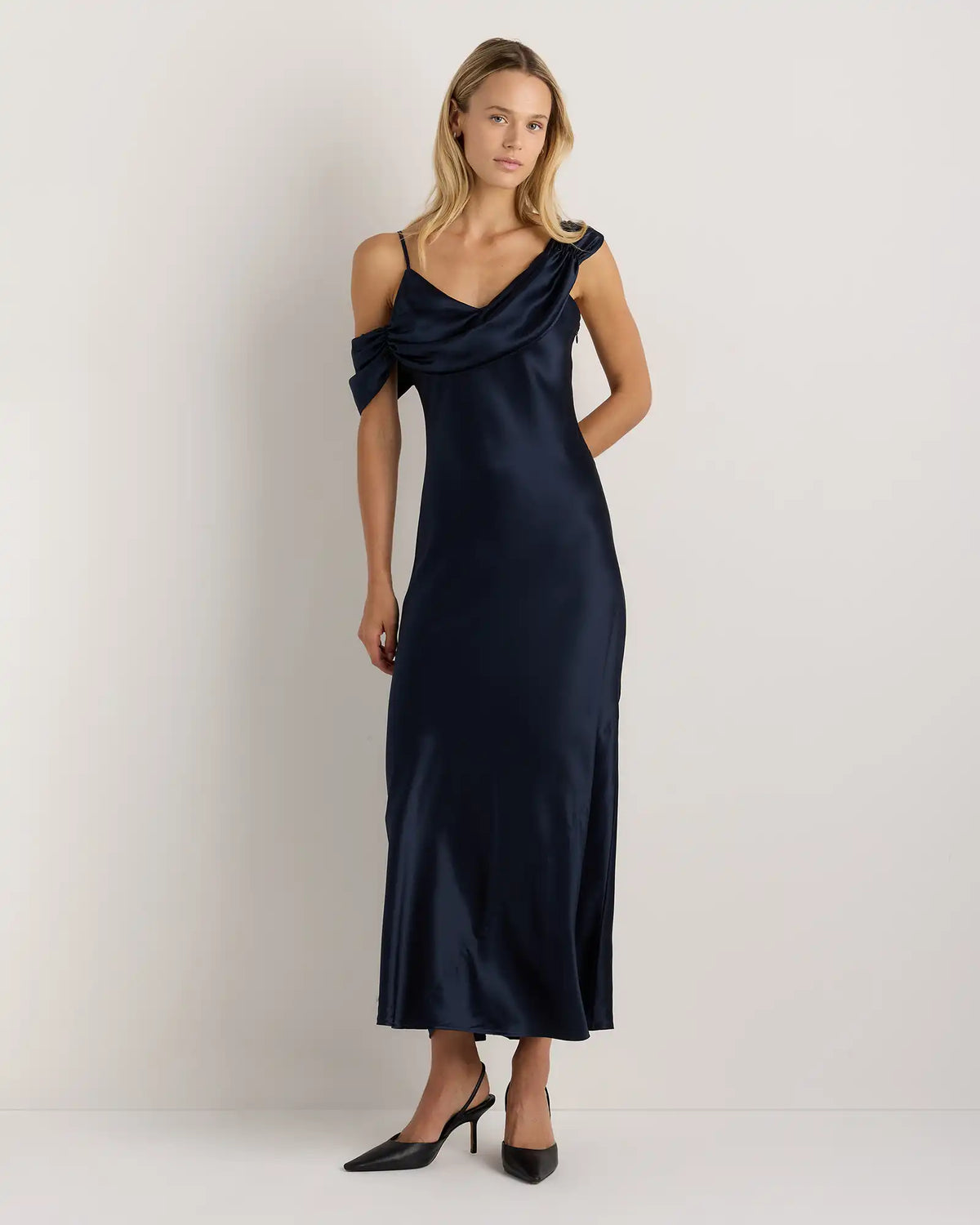 100% Washable Silk Draped Shoulder Maxi Dress