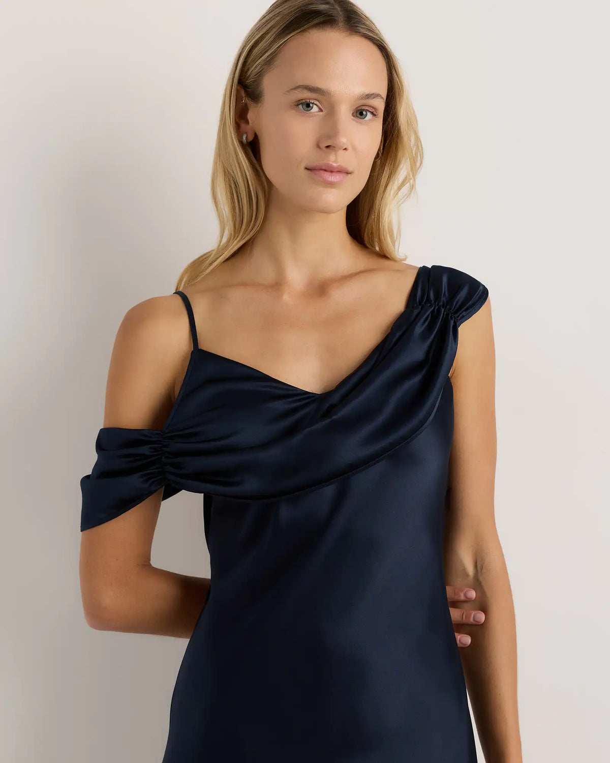 100% Washable Silk Draped Shoulder Maxi Dress