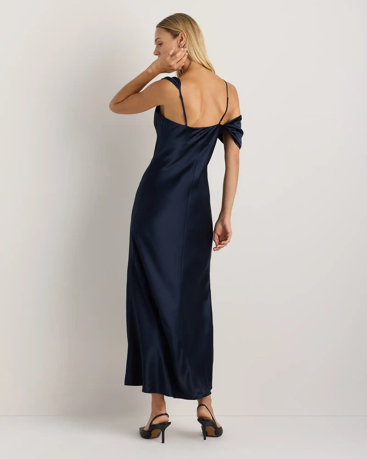 100% Washable Silk Draped Shoulder Maxi Dress