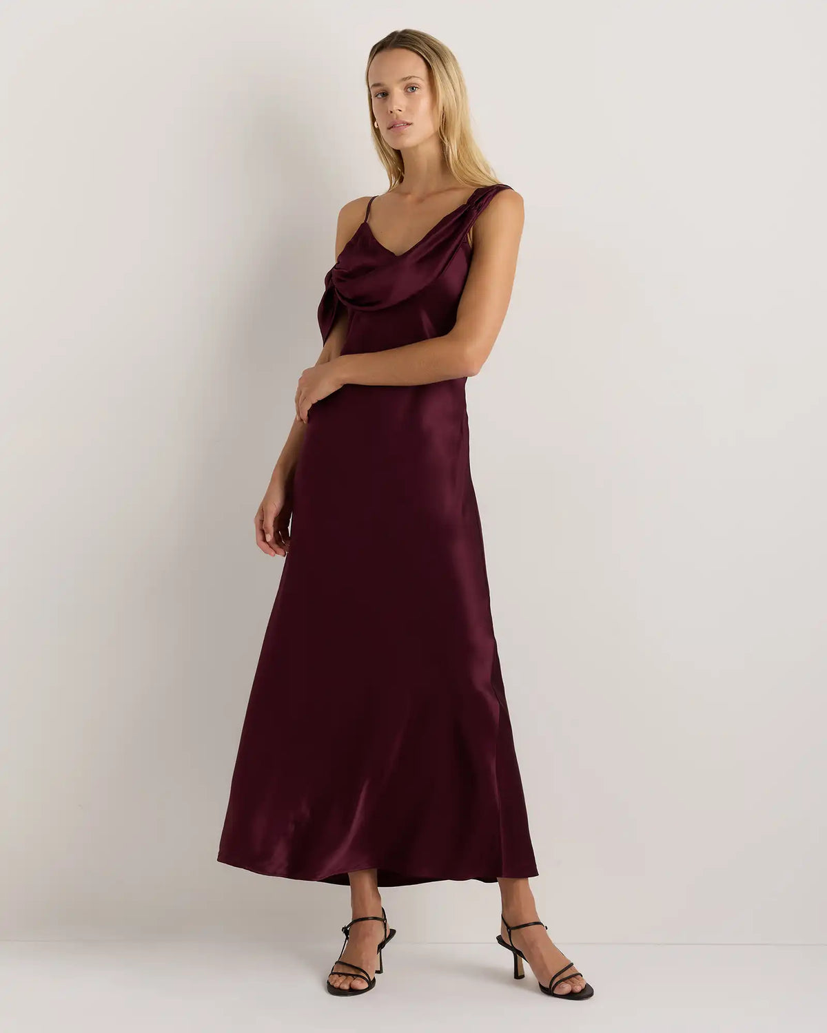100% Washable Silk Draped Shoulder Maxi Dress