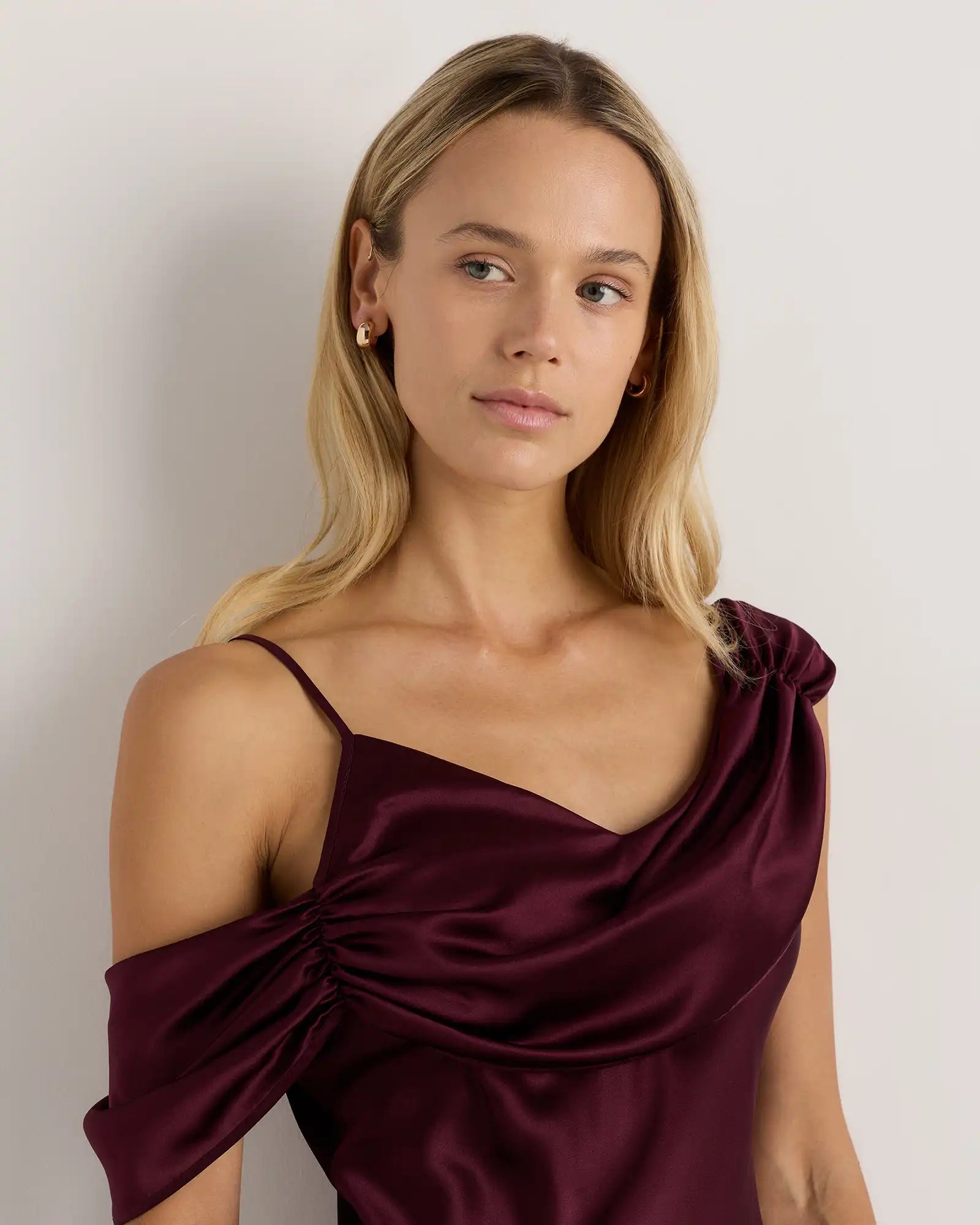 100% Washable Silk Draped Shoulder Maxi Dress
