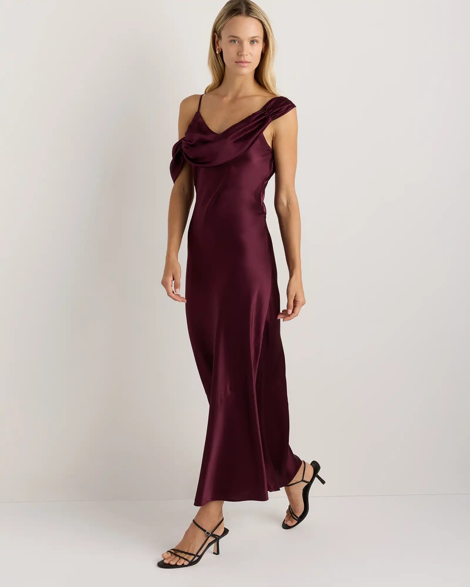 100% Washable Silk Draped Shoulder Maxi Dress