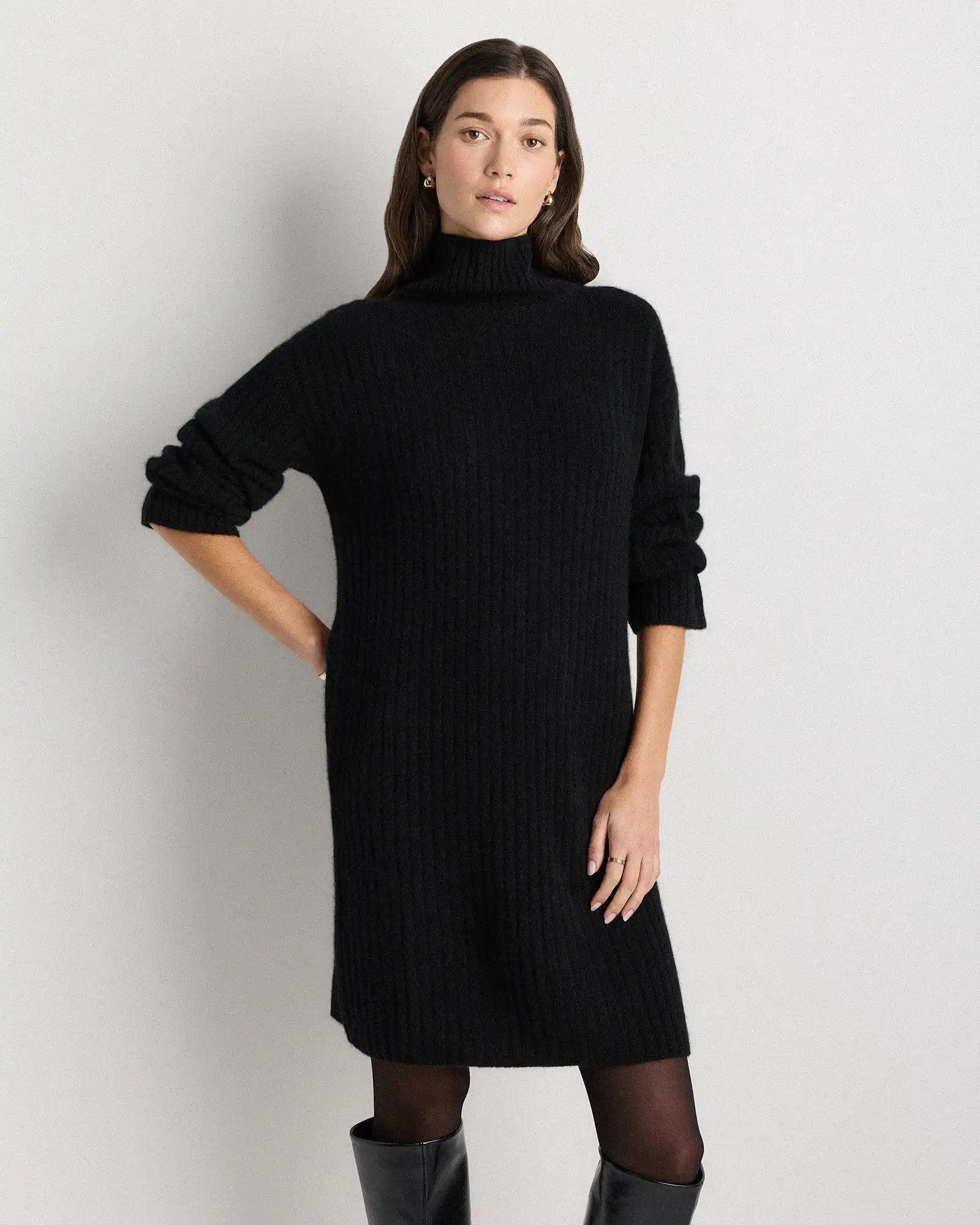 Mongolian Cashmere Ribbed Turtleneck Mini Dress