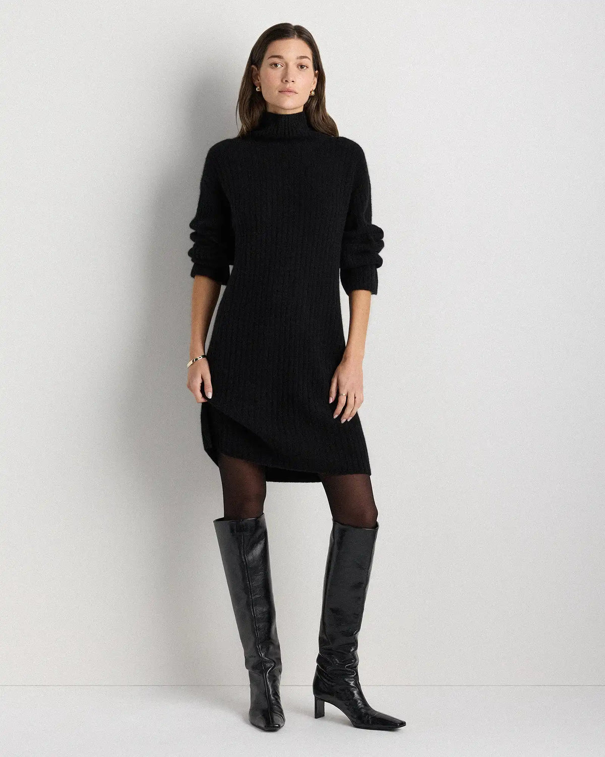 Mongolian Cashmere Ribbed Turtleneck Mini Dress