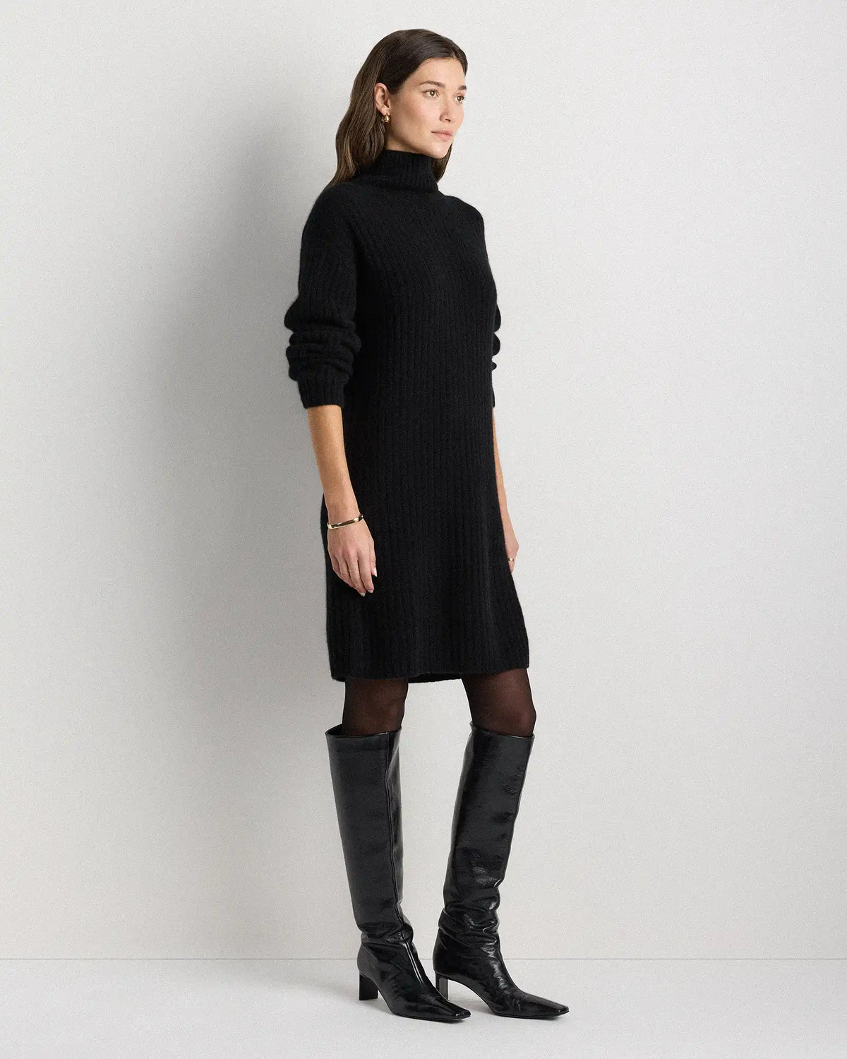 Mongolian Cashmere Ribbed Turtleneck Mini Dress