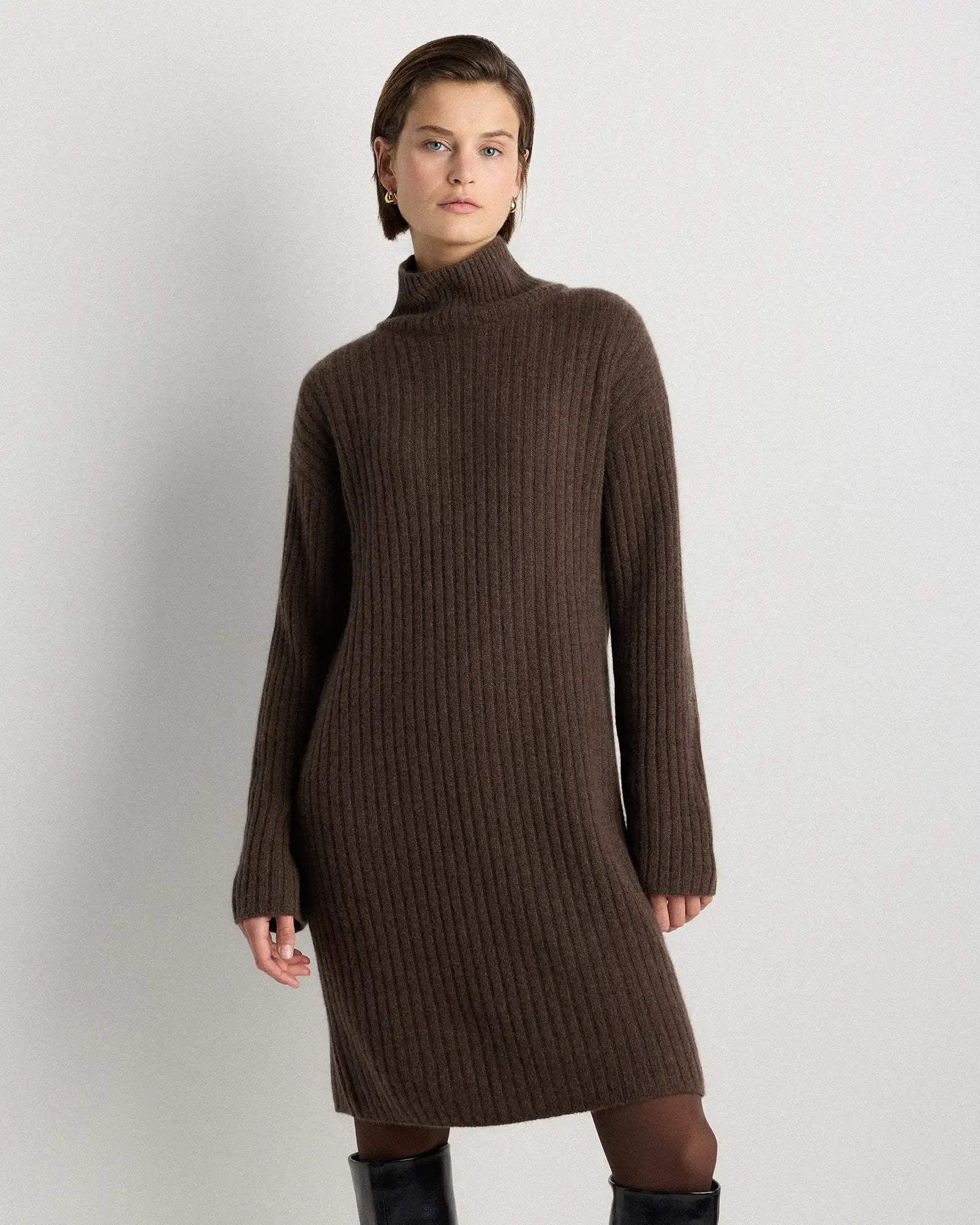Mongolian Cashmere Ribbed Turtleneck Mini Dress