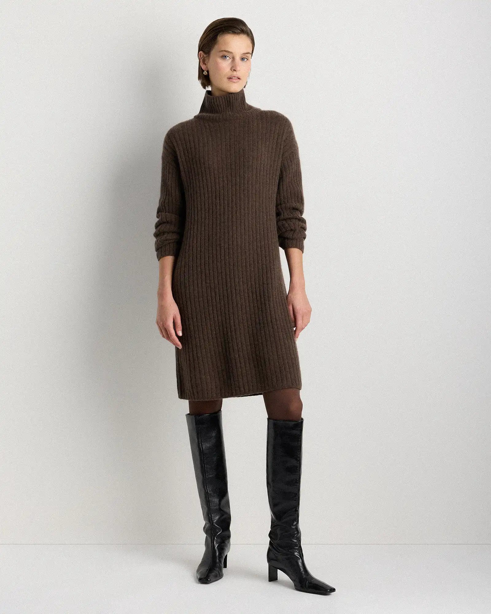 Mongolian Cashmere Ribbed Turtleneck Mini Dress