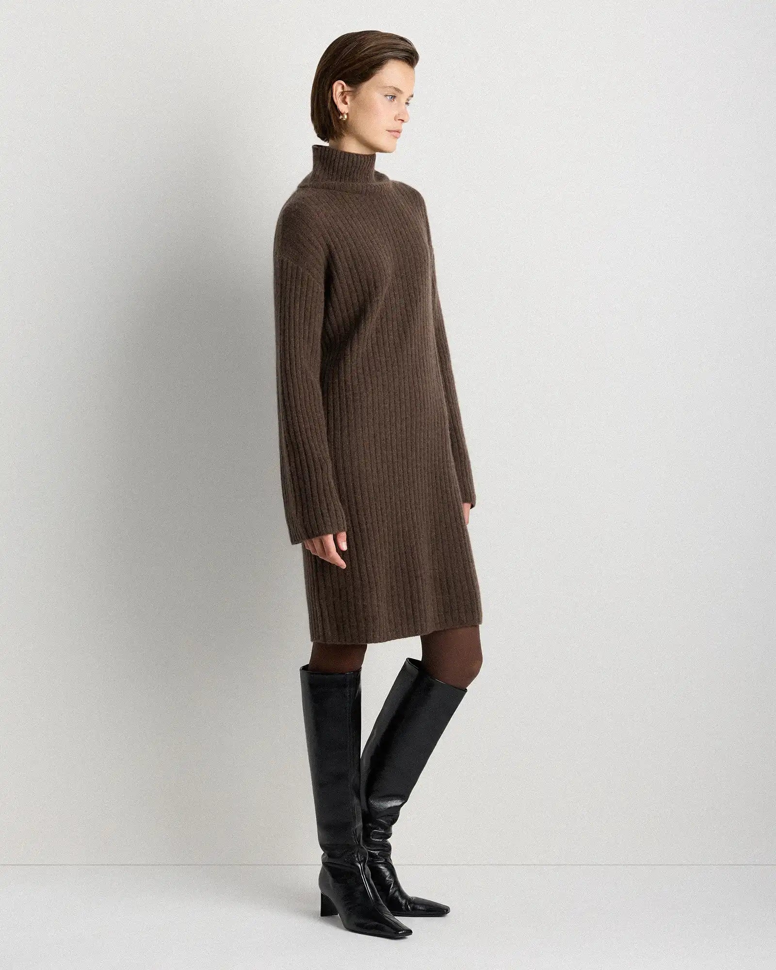 Mongolian Cashmere Ribbed Turtleneck Mini Dress