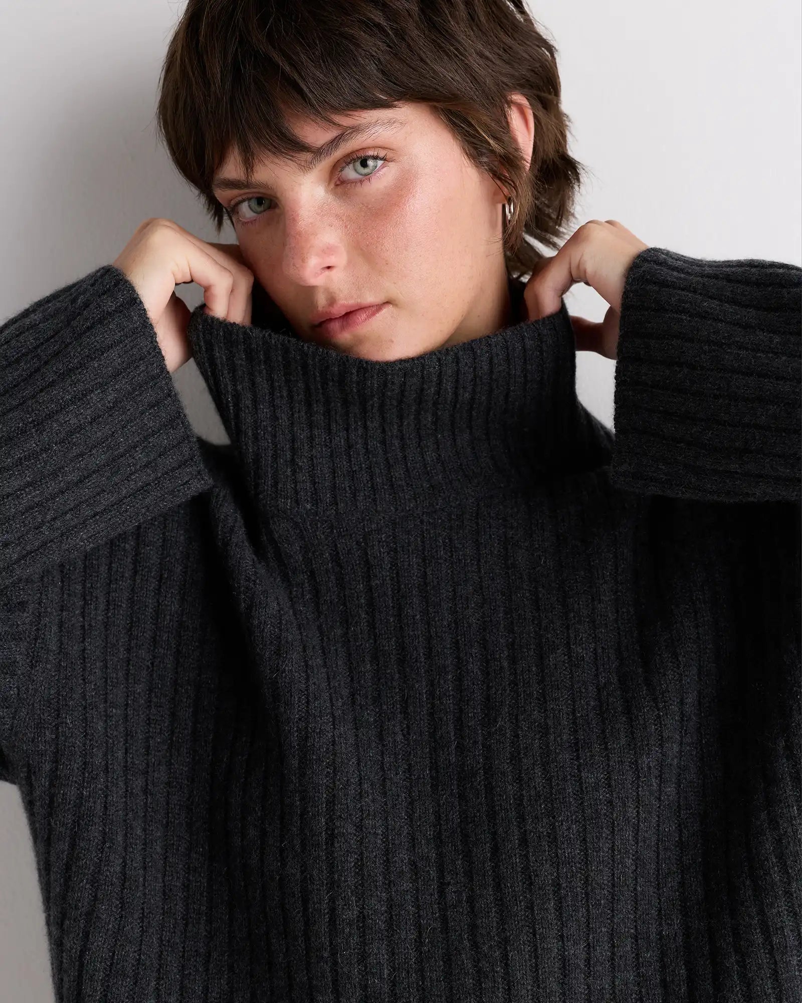 Mongolian Cashmere Ribbed Turtleneck Mini Dress