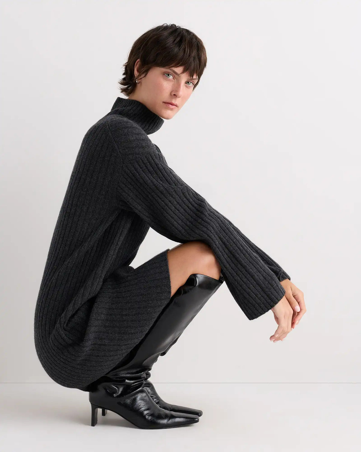 Mongolian Cashmere Ribbed Turtleneck Mini Dress