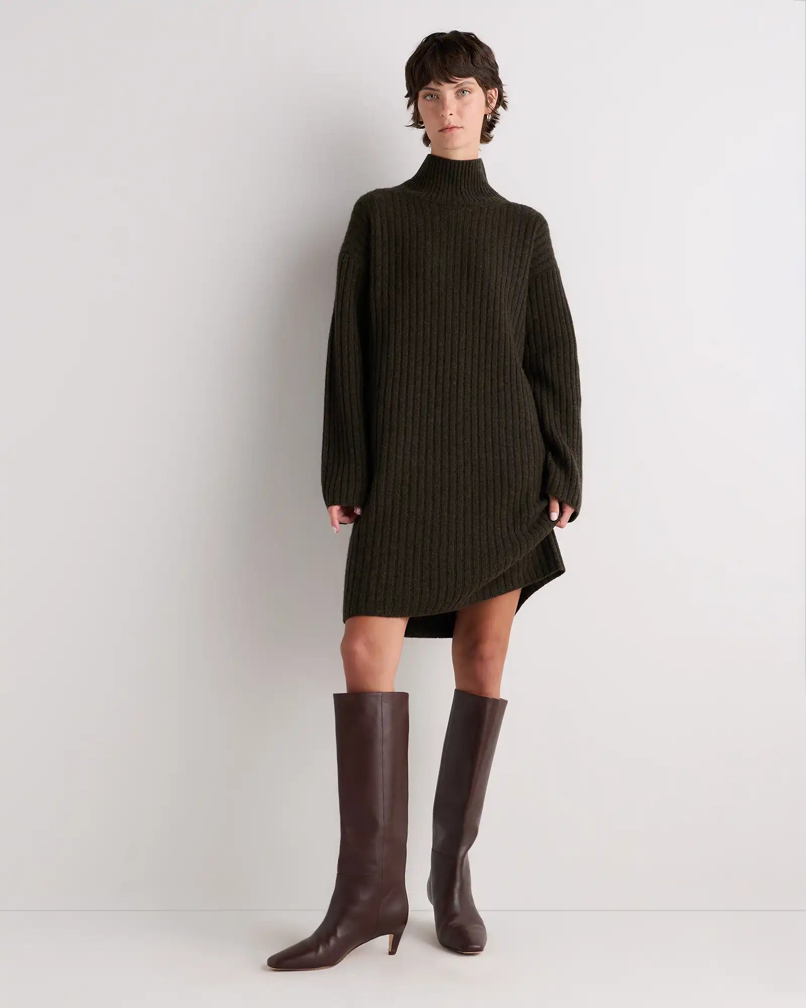 Mongolian Cashmere Ribbed Turtleneck Mini Dress
