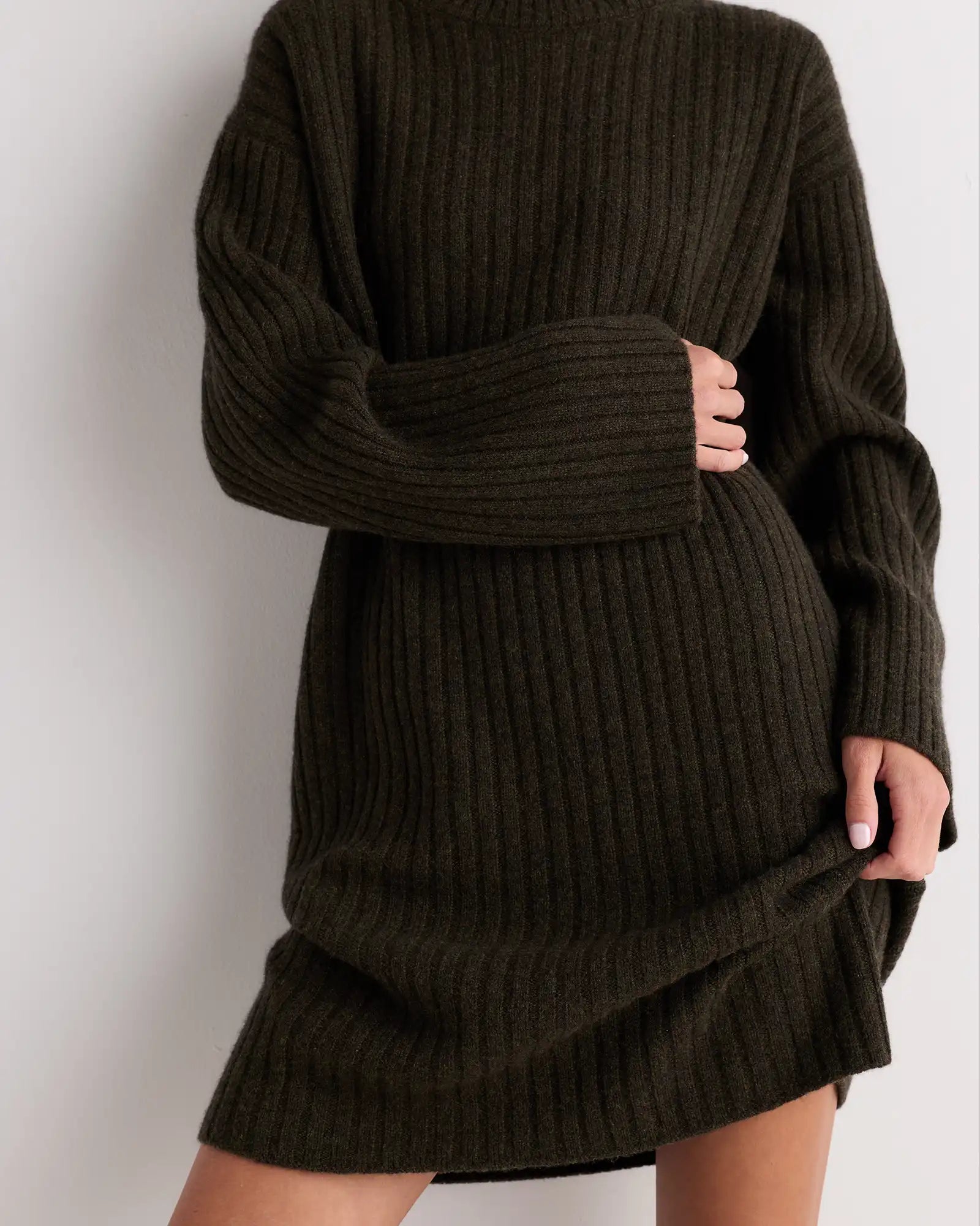 Mongolian Cashmere Ribbed Turtleneck Mini Dress