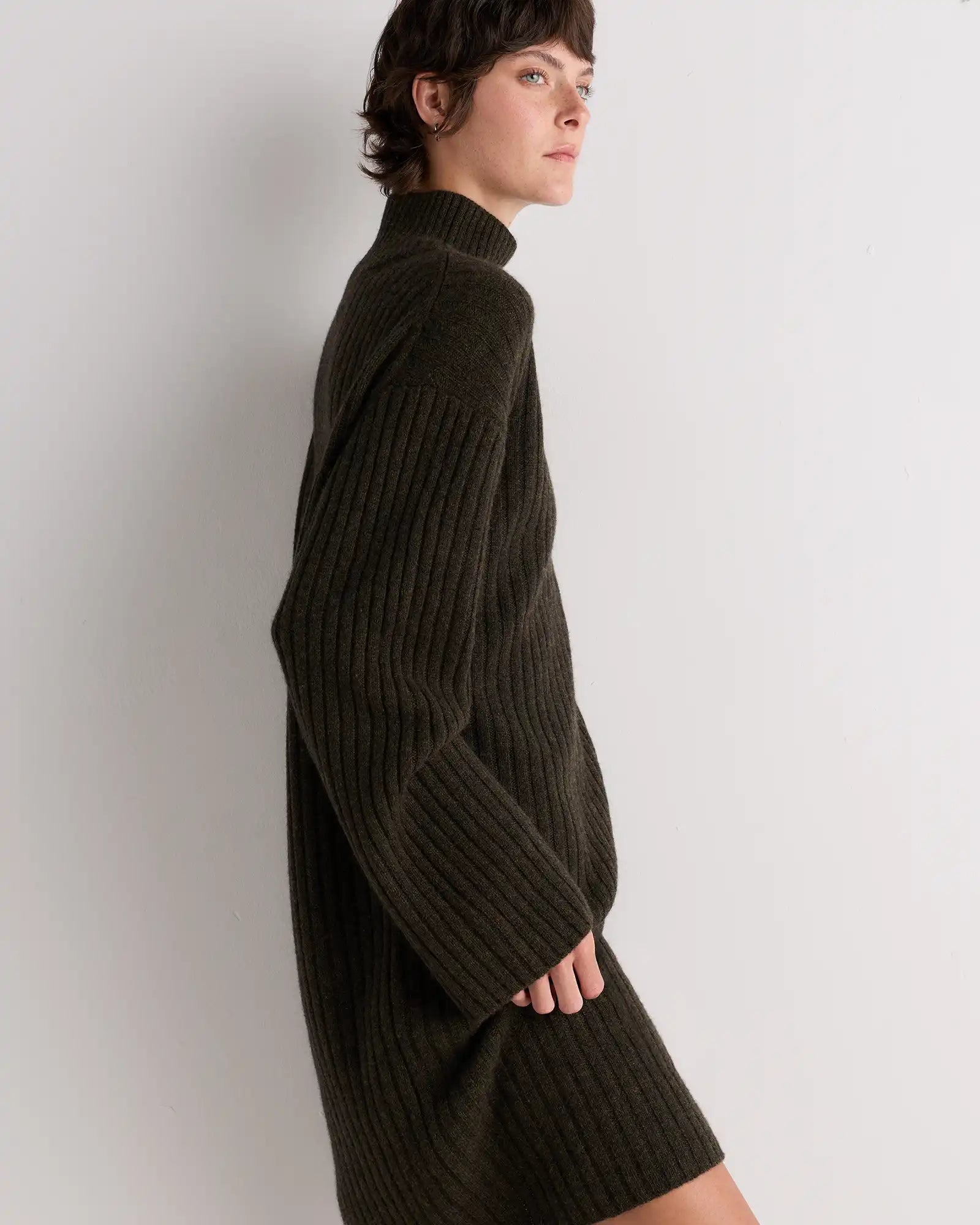 Mongolian Cashmere Ribbed Turtleneck Mini Dress