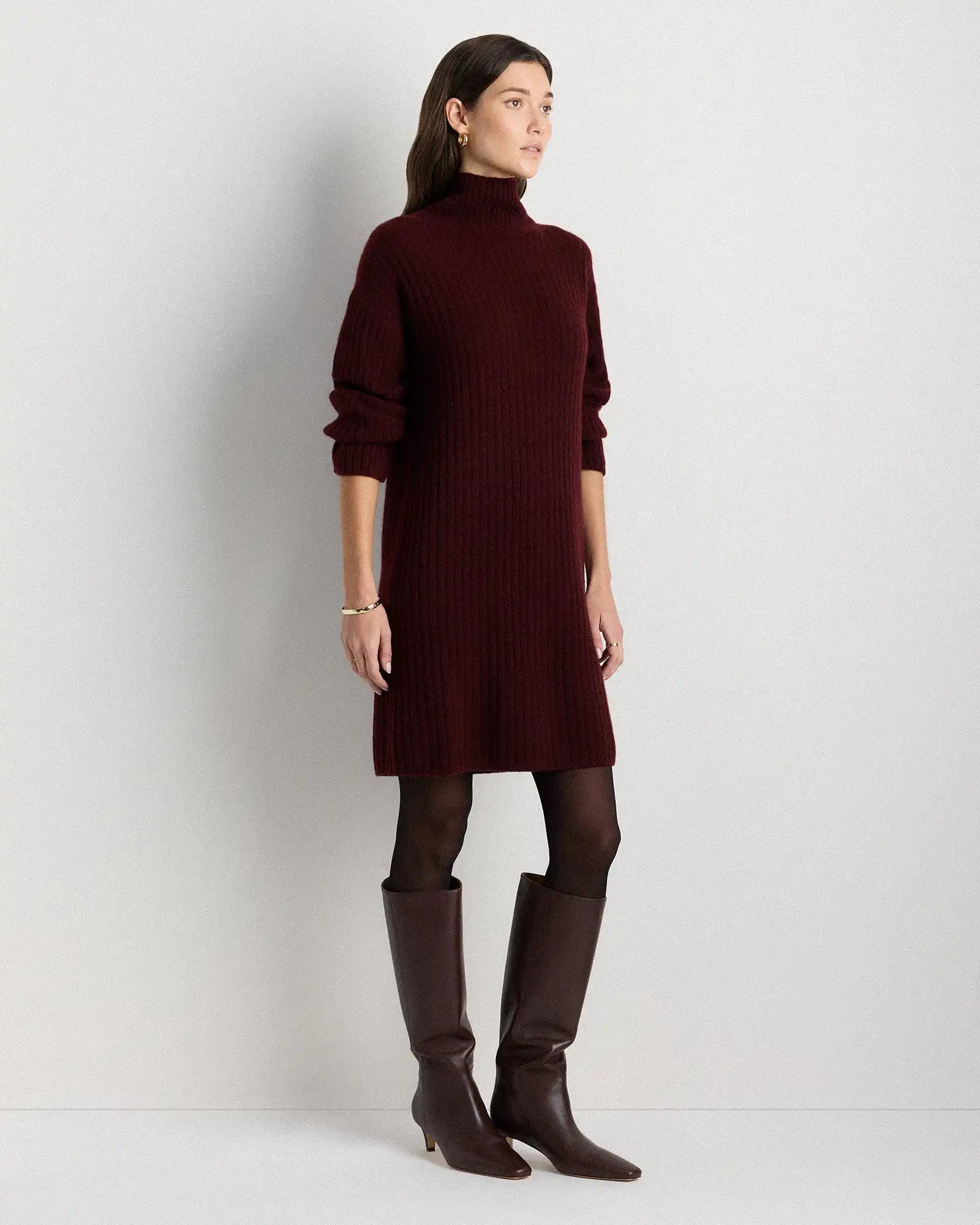 Mongolian Cashmere Ribbed Turtleneck Mini Dress