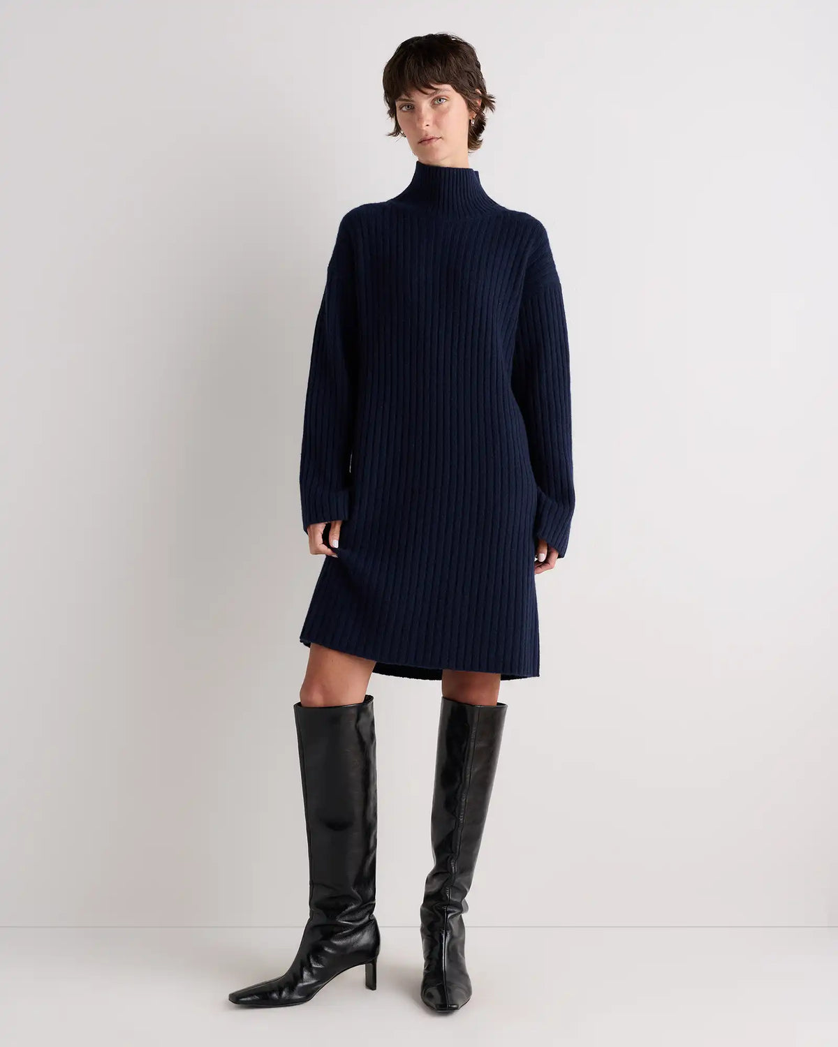 Mongolian Cashmere Ribbed Turtleneck Mini Dress