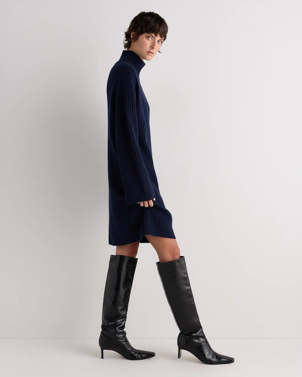 Mongolian Cashmere Ribbed Turtleneck Mini Dress