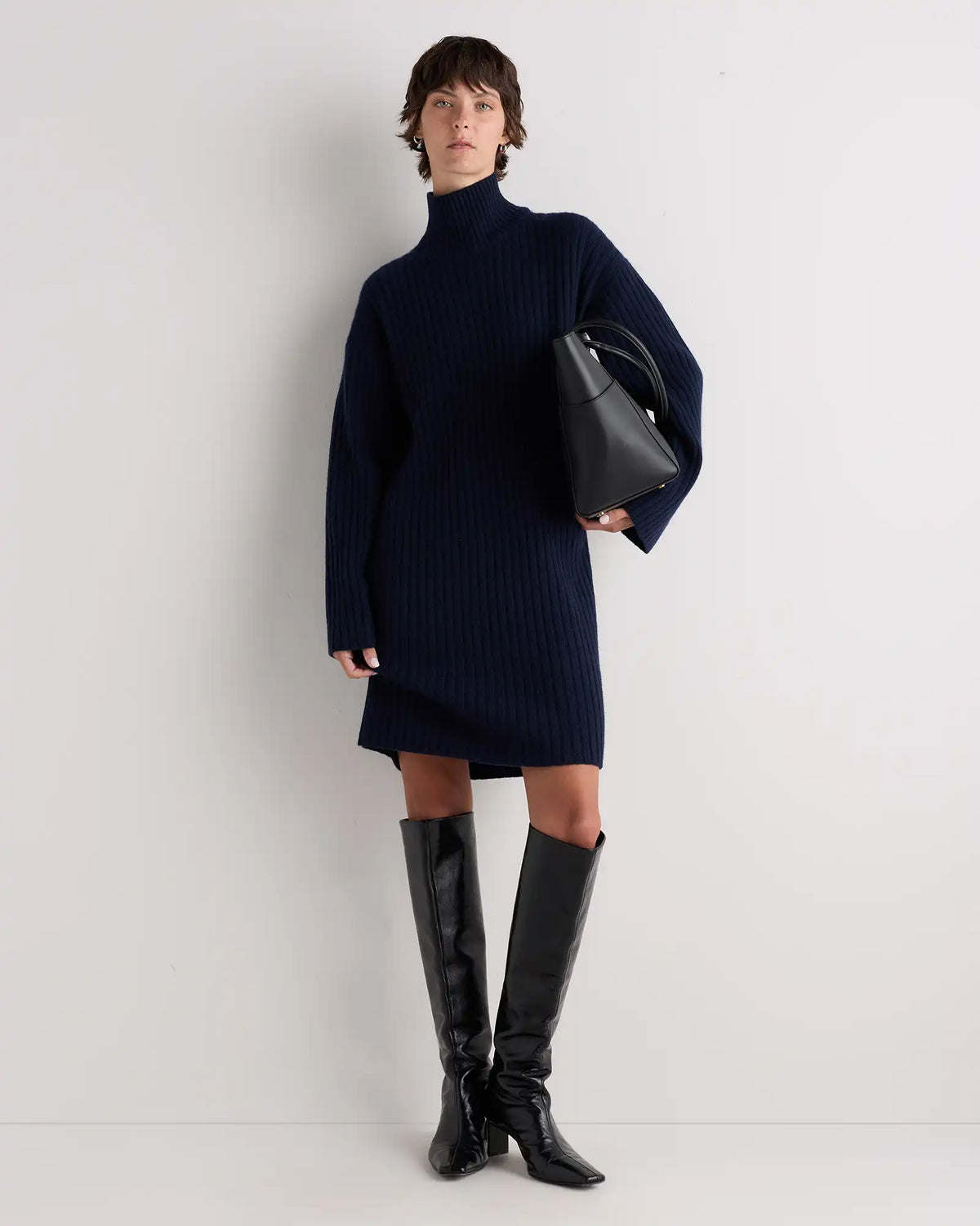 Mongolian Cashmere Ribbed Turtleneck Mini Dress