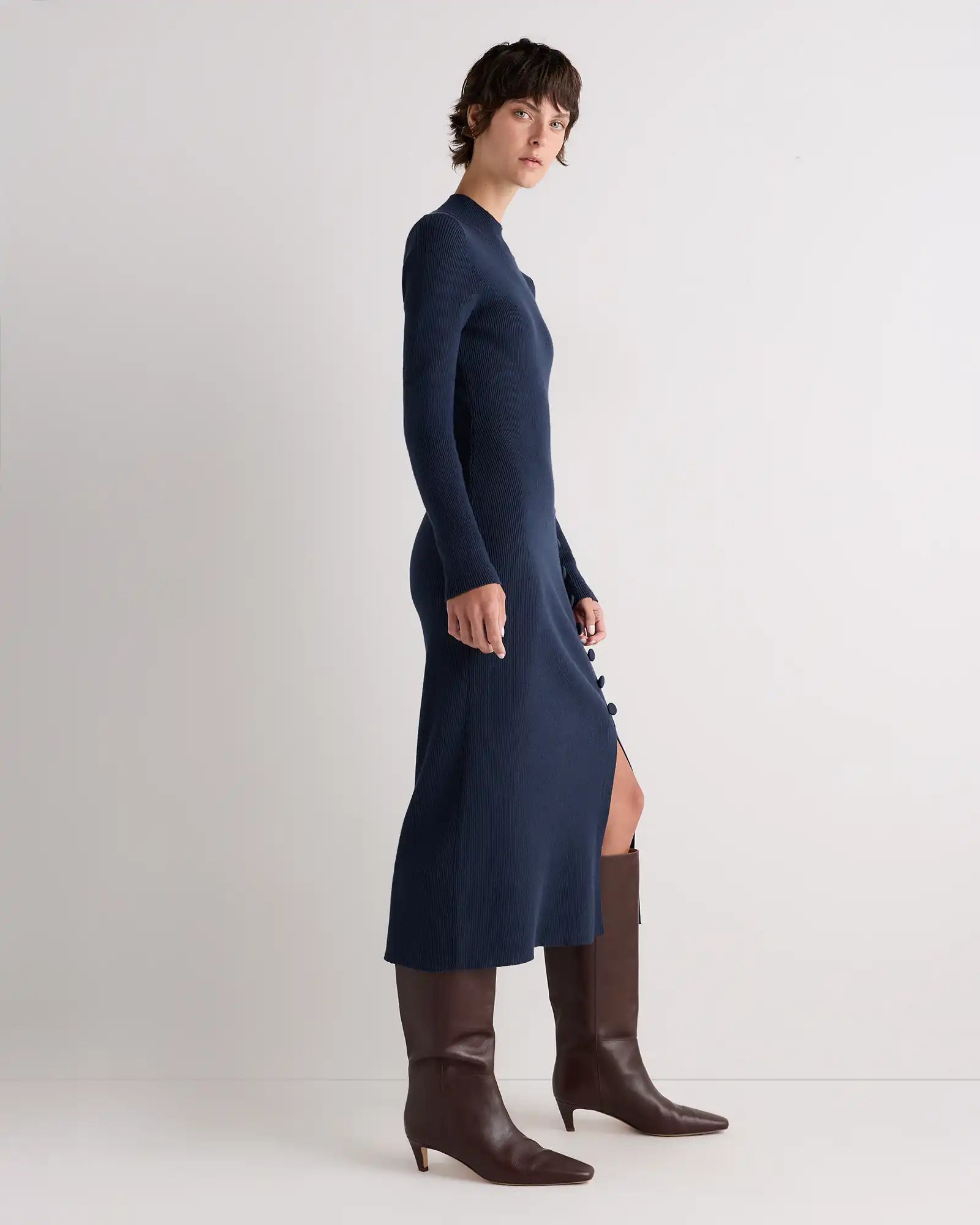 Cotton Cashmere Side Slit Midi Dress