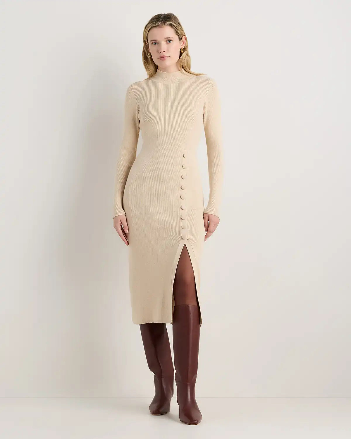 Cotton Cashmere Side Slit Midi Dress