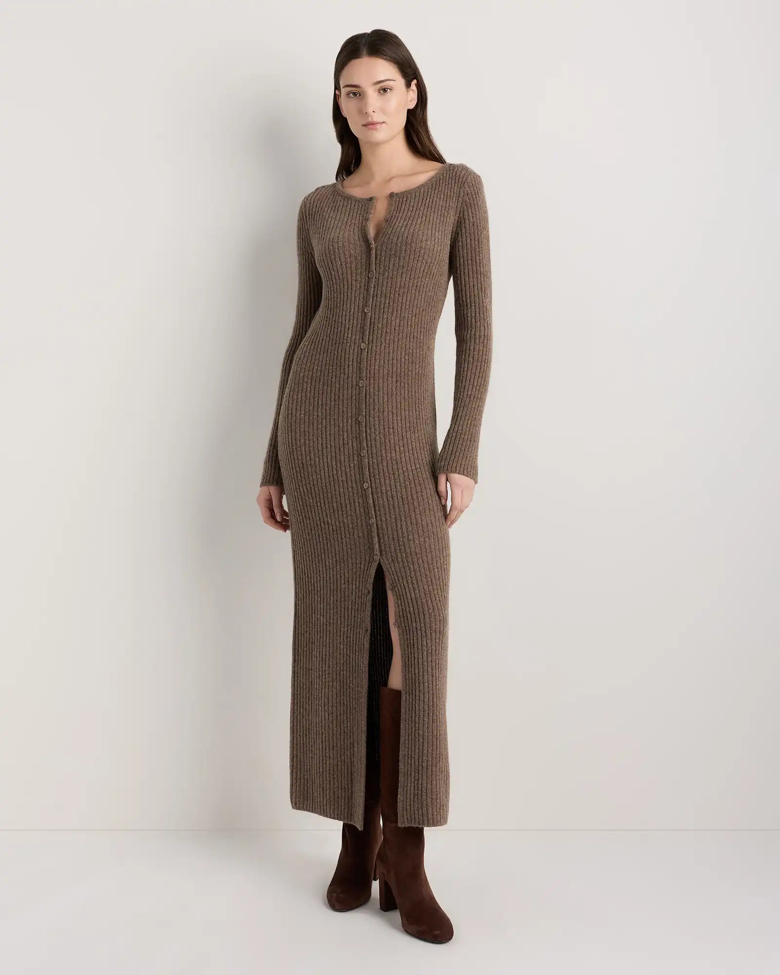 100% Yak Wool Ribbed Cardigan Sweater Dress