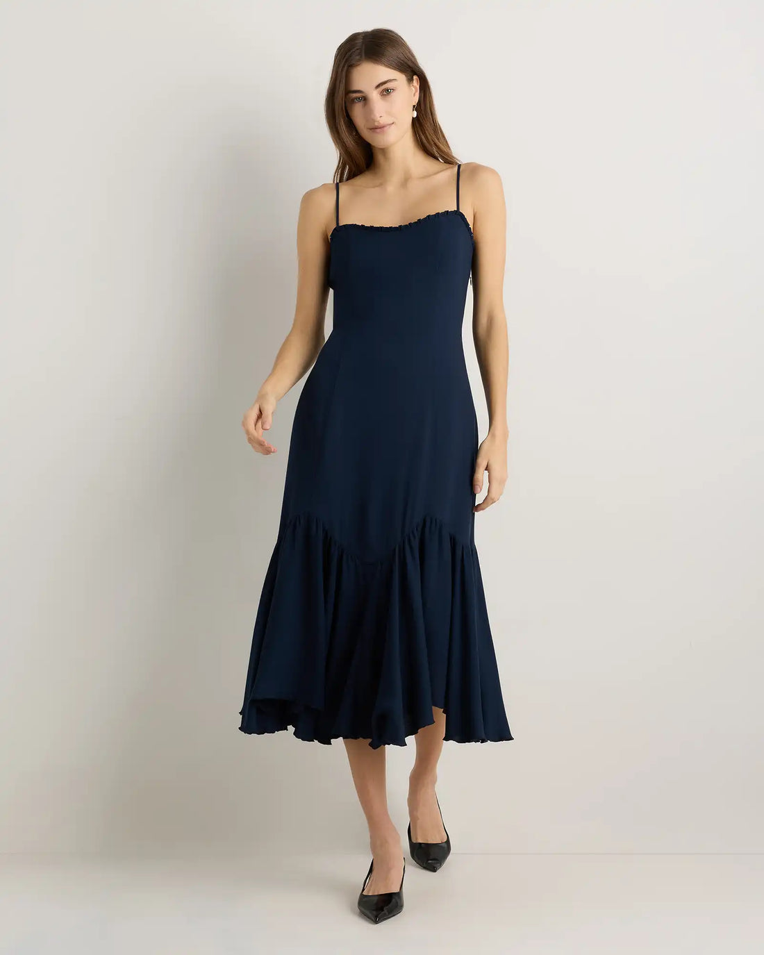 Lightweight Crepe Pleated Hem Midi Dress