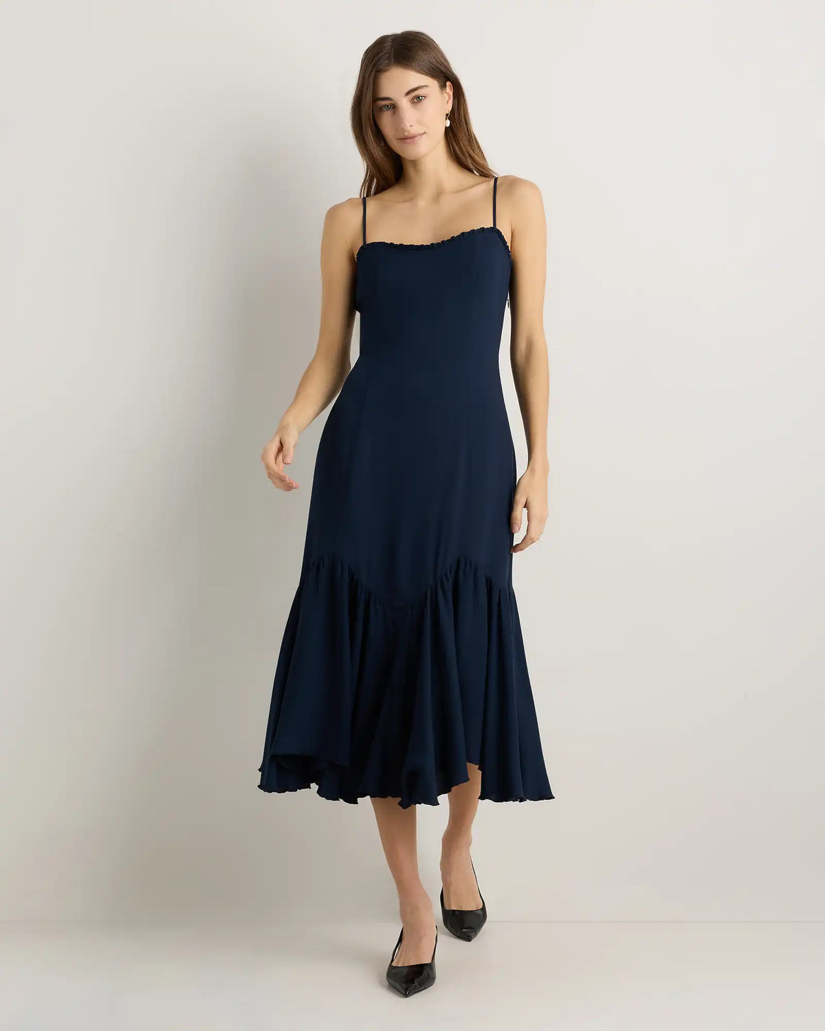 Lightweight Crepe Pleated Hem Midi Dress