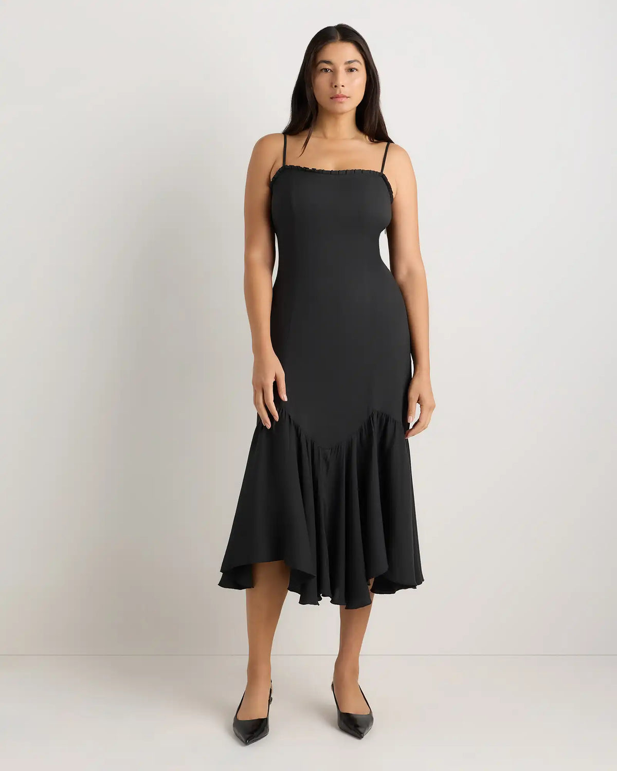 Lightweight Crepe Pleated Hem Midi Dress