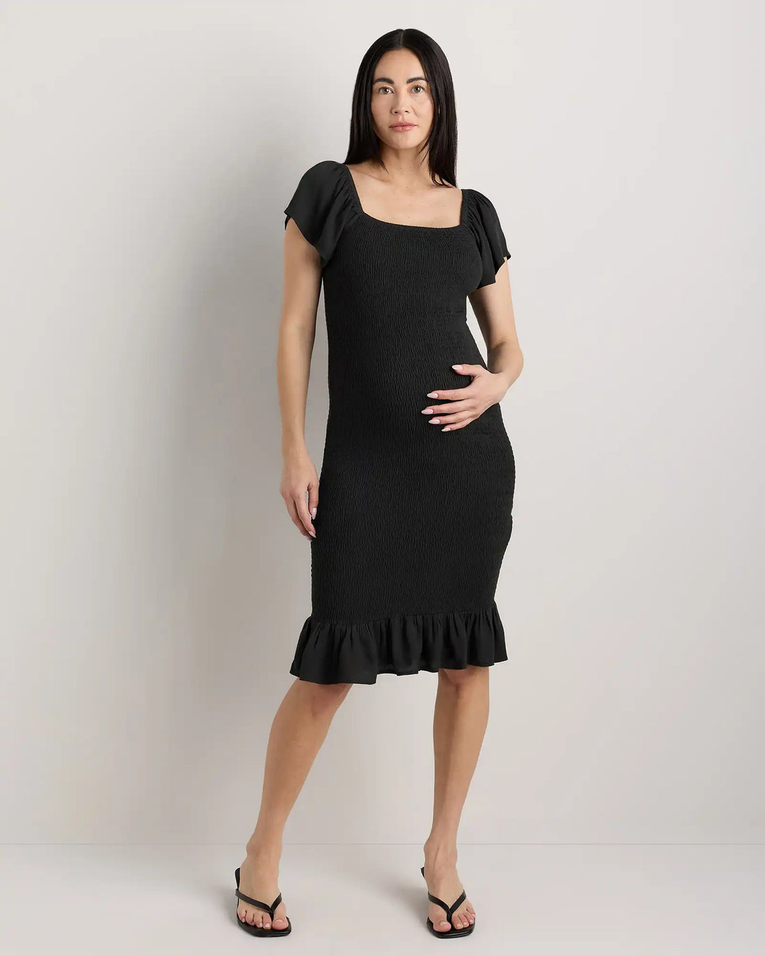 Lightweight Crepe Smocked Flutter Sleeve Maternity Dress