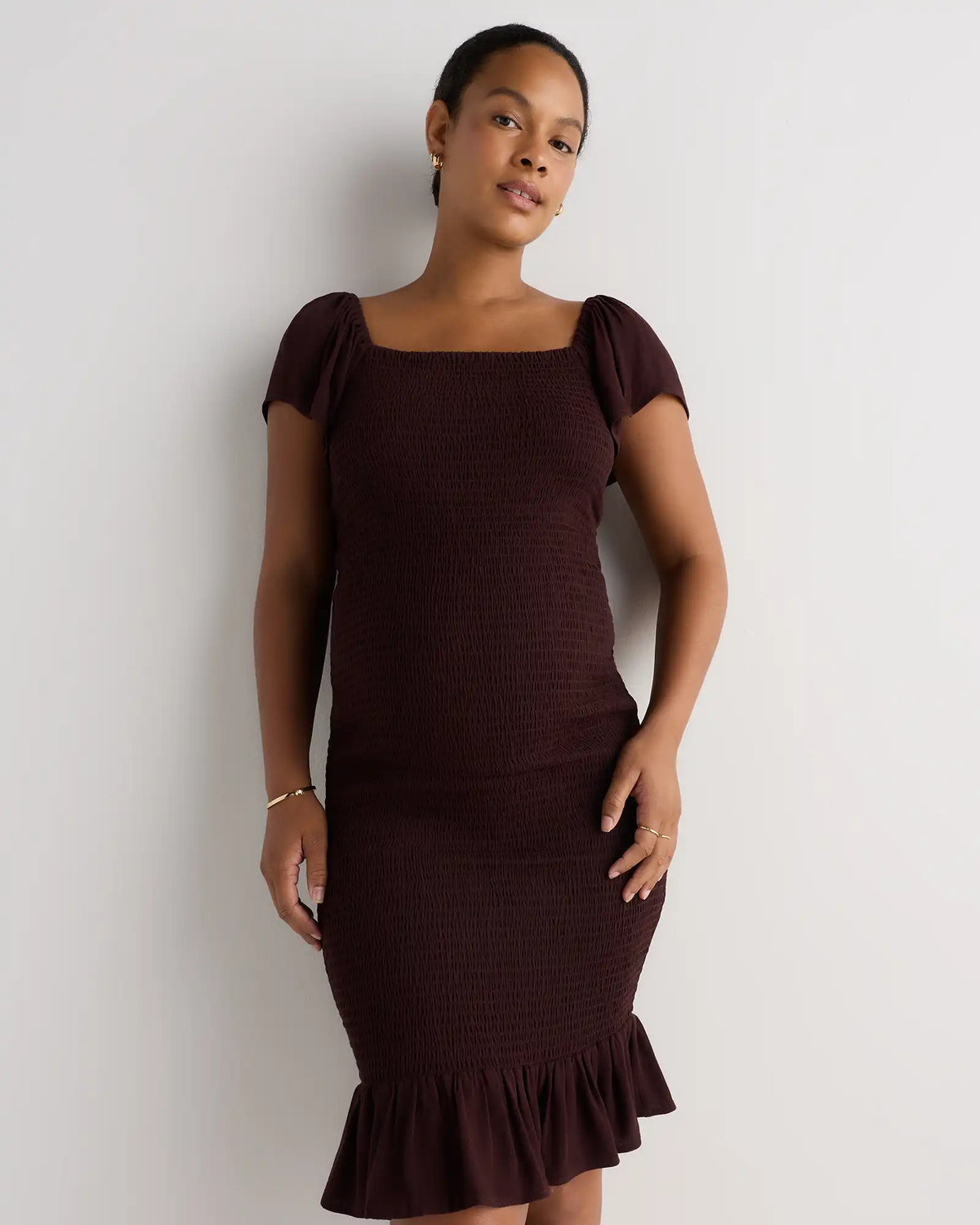 Lightweight Crepe Smocked Flutter Sleeve Maternity Dress