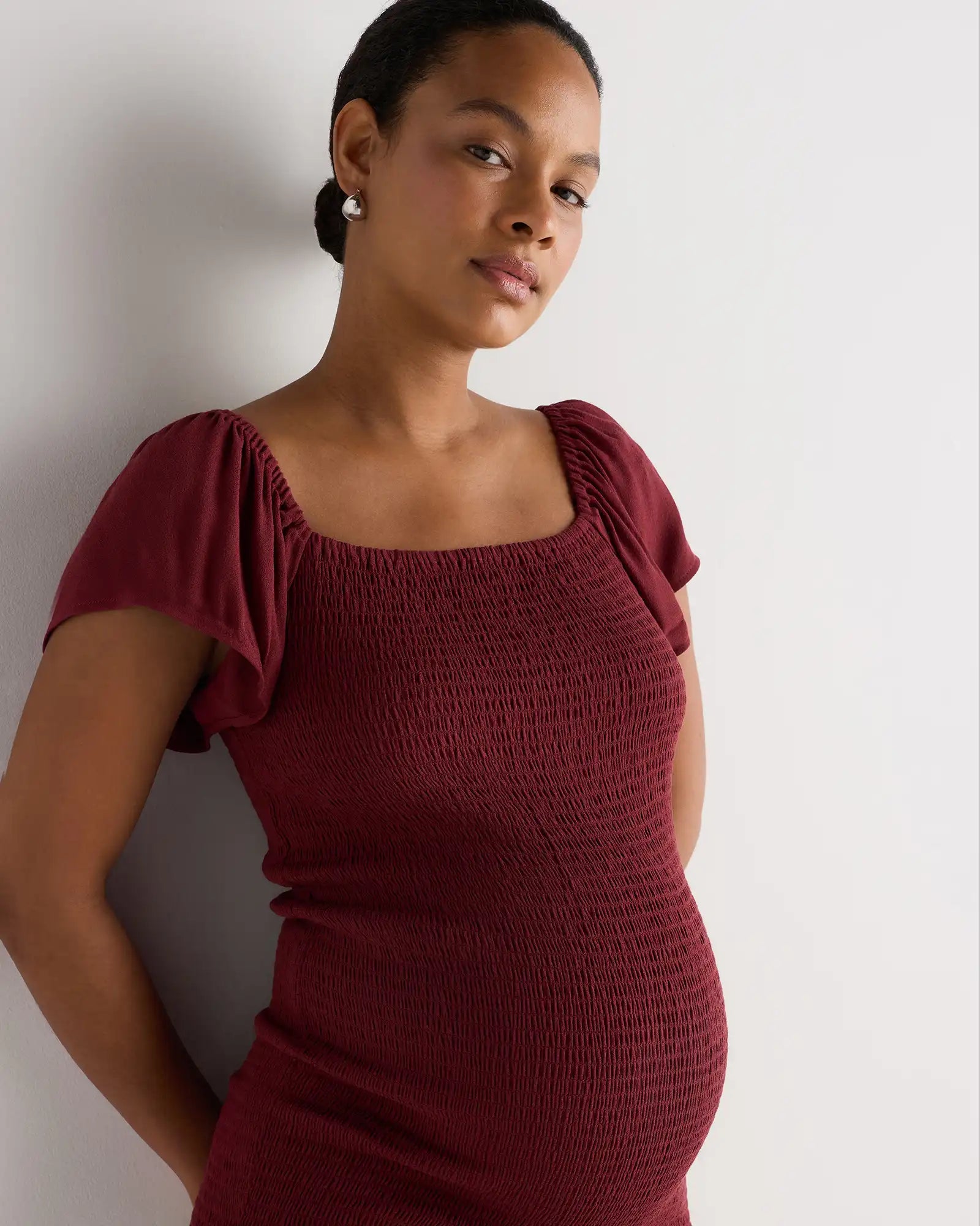 Lightweight Crepe Smocked Flutter Sleeve Maternity Dress
